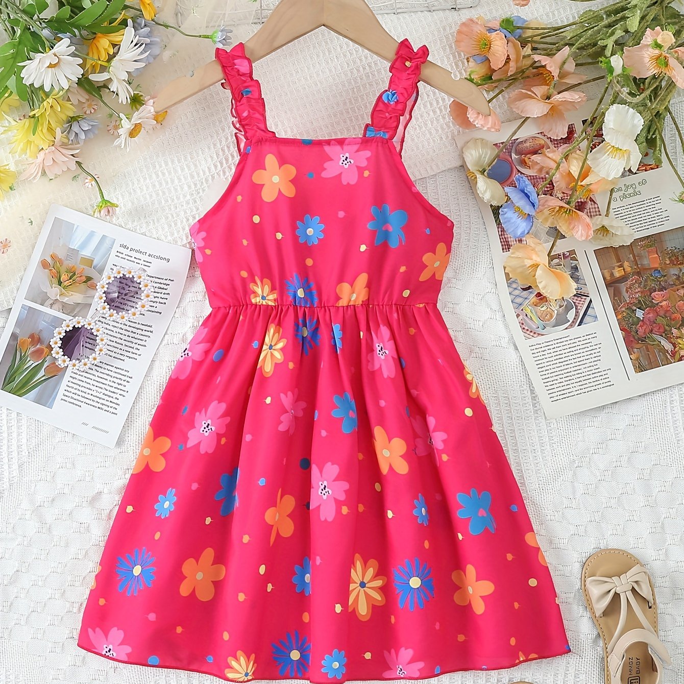 Chic Summer Floral Girls' Dress - Comfortable, Woven Fabric with Ruffle Detail & Playful Suspender Straps