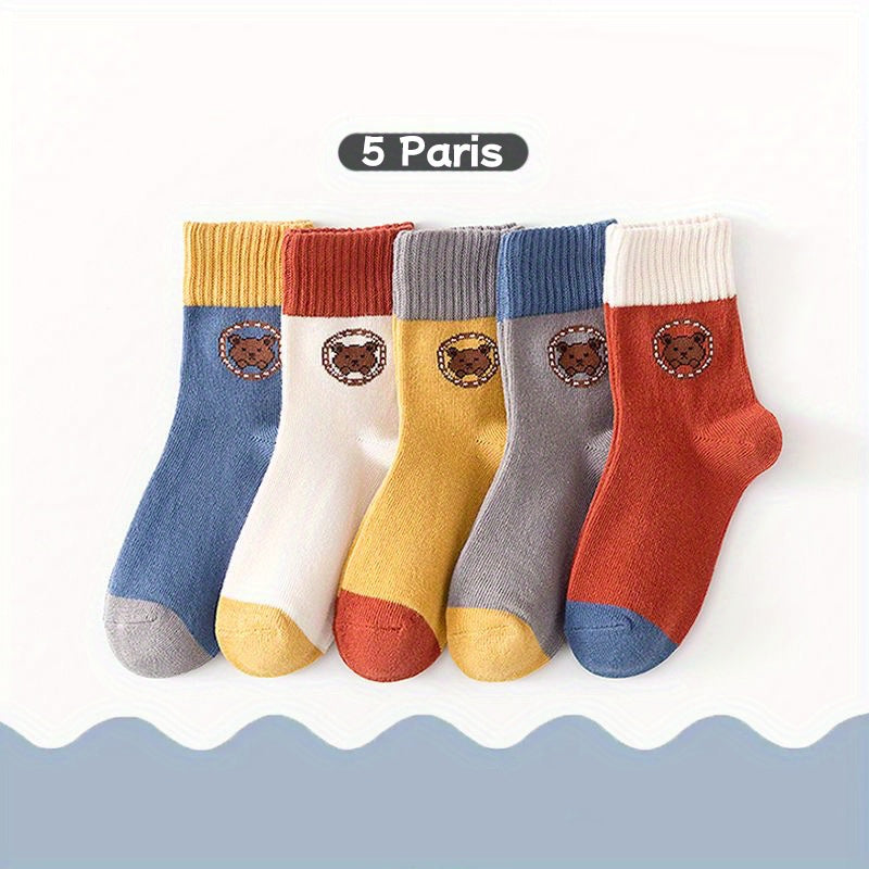 5Pairs/lot Boys Kids Cartoon Bear Pattern Cute Socks, Casual Sports Socks, Comfy Thickened Warm Crew Socks For Autumn Winter, Students Socks, Children's Socks