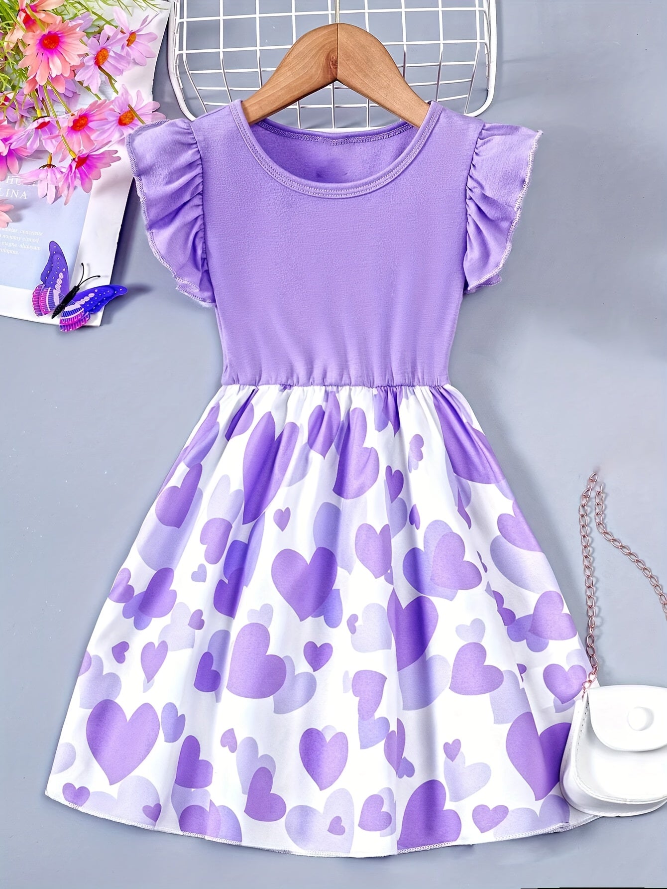Toddler Girls Splicing Heart Graphic Flutter Trim Sleeveless Dress Spring Summer Valentine's Day Gift