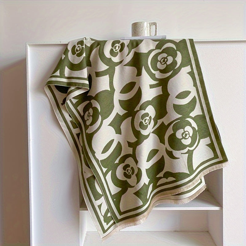 Winter Soft Warm Versatile Fringe Shawl Blanket Scarf - Fashion Scarves with Black and White Camellia Jacquard Pattern, Super Cozy, Lightweight, and Chic - Perfect for Cold Weather, Outdoor Activities, and Daily Wear