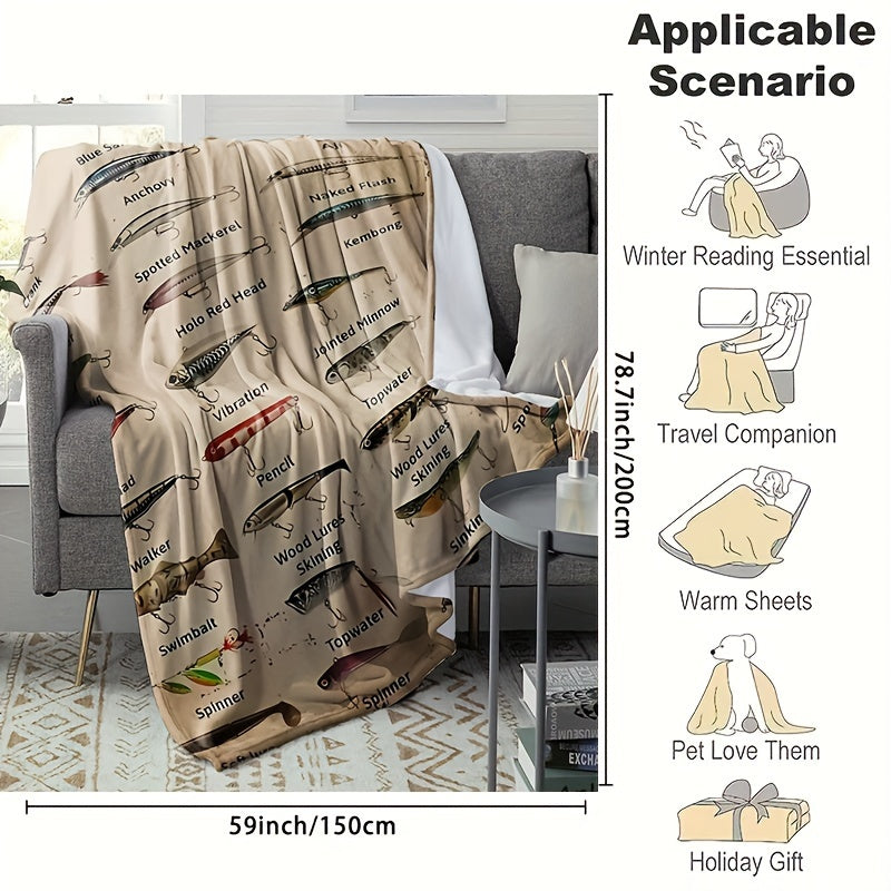 1pc Soft & Warm Flannel Blanket - Complete Fishing Bait Pattern, Cozy Sofa Bed Office Throw, Small Nap Blanket for Ultimate Comfort and Relaxation - Perfect for Indoor Outdoor Use