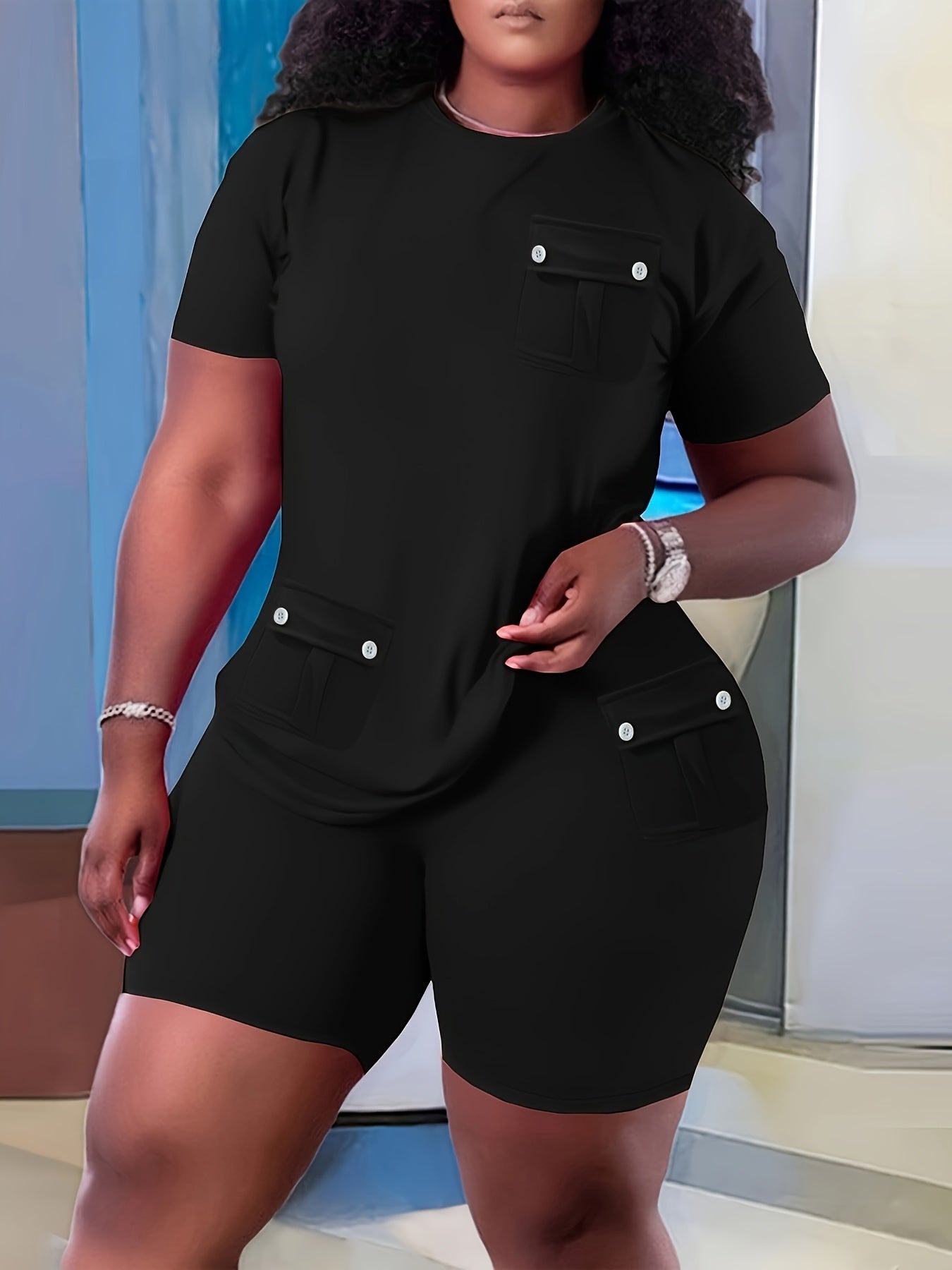 Casual Flap Pocket Two Pieces, Short Sleeve T-shirt & Biker Shorts Outfits For Spring & Summer, Women's Clothing