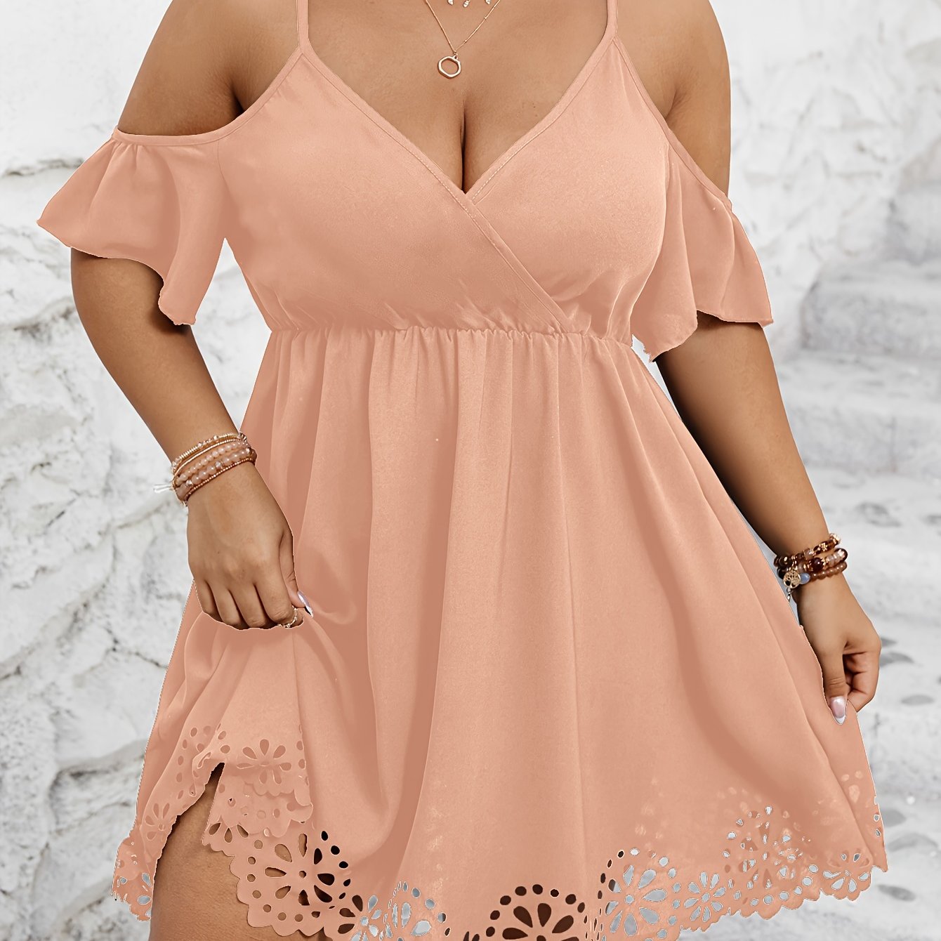 Plus Size Cutout Dress - Dramatic Cutout Trim, Cold Shoulder, Short Sleeve, Elegant Style - Perfect for Spring and Summer, Plus Size Womens Clothing