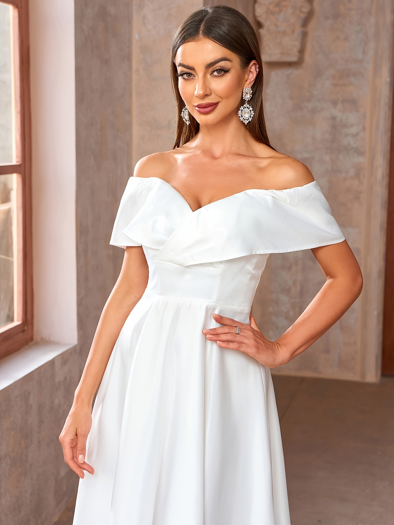Elegant Off the Shoulder Fit and Flare Dress - Ruffle Trim, Micro Elasticity, Cinched Waist, Solid Color, Woven Polyester Fabric - Hand Wash Only, Perfect for Spring and Summer