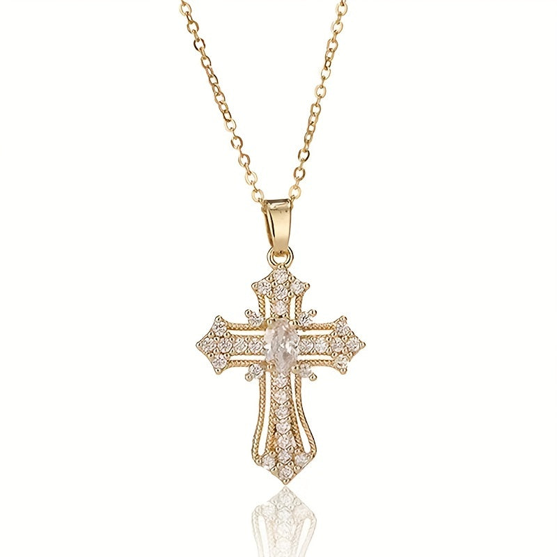 1pc Cute Sparkling Rhinestone Decor Cross Hollow Pendant Necklace, Religious Jewelry For Blessing, Ideal choice for Easter Gift