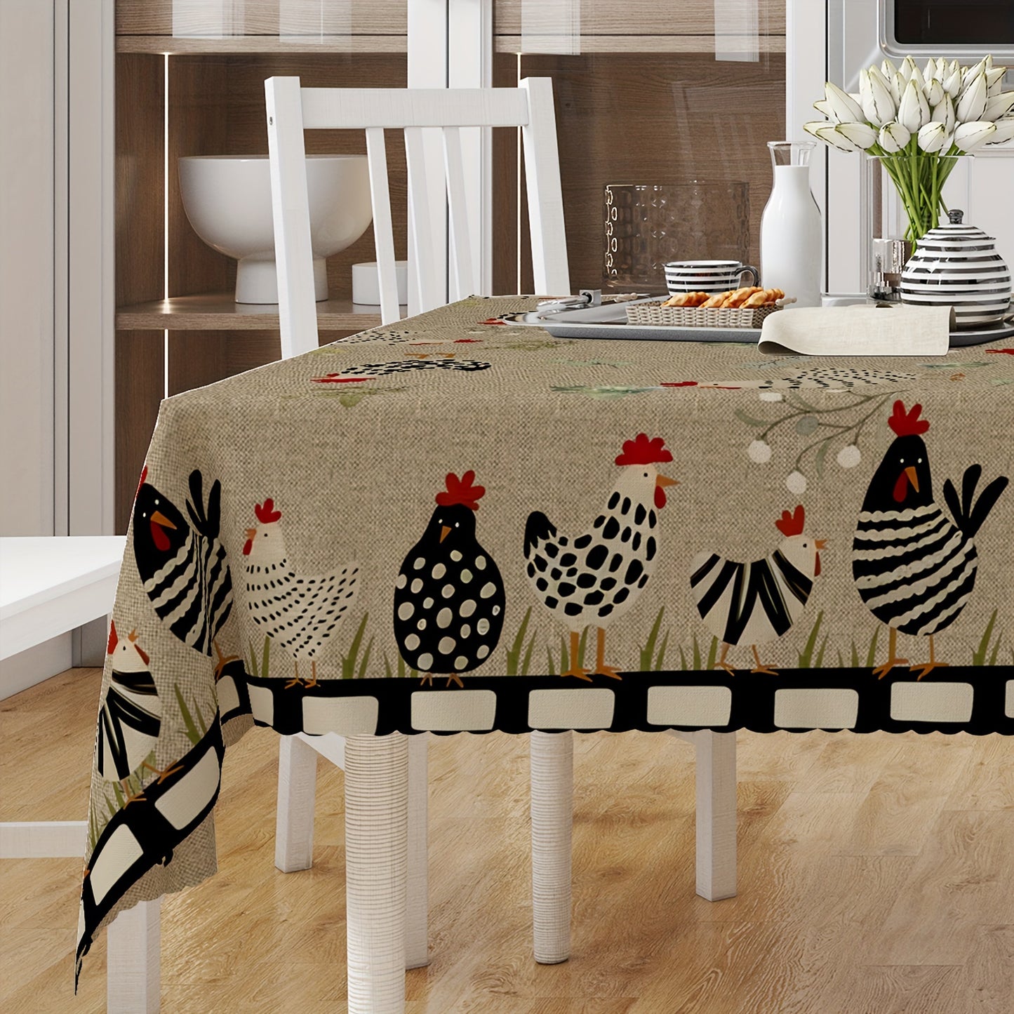 1pc Rustic Farmhouse Tablecloth - Vibrant Rooster Pattern, Ultra-Stain Resistant, Anti-Slip & Wrinkle-Free - Perfect Country Chic Home Decor