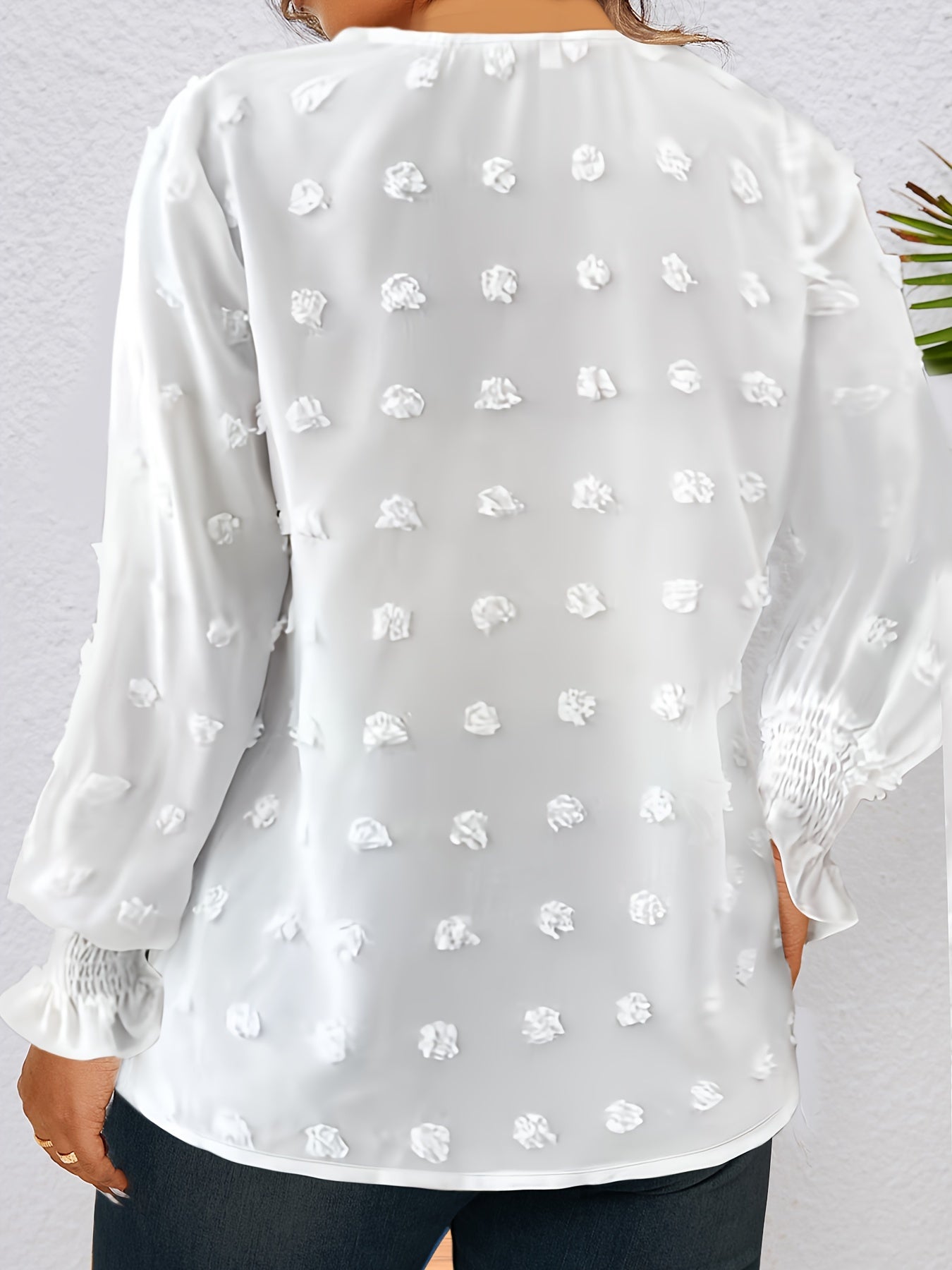 Plus Size Women's V-Neck Blouse - Elegant Swiss Dot & Lace Trim - Flowy Long Sleeve - Ideal for Spring & Fall Fashion