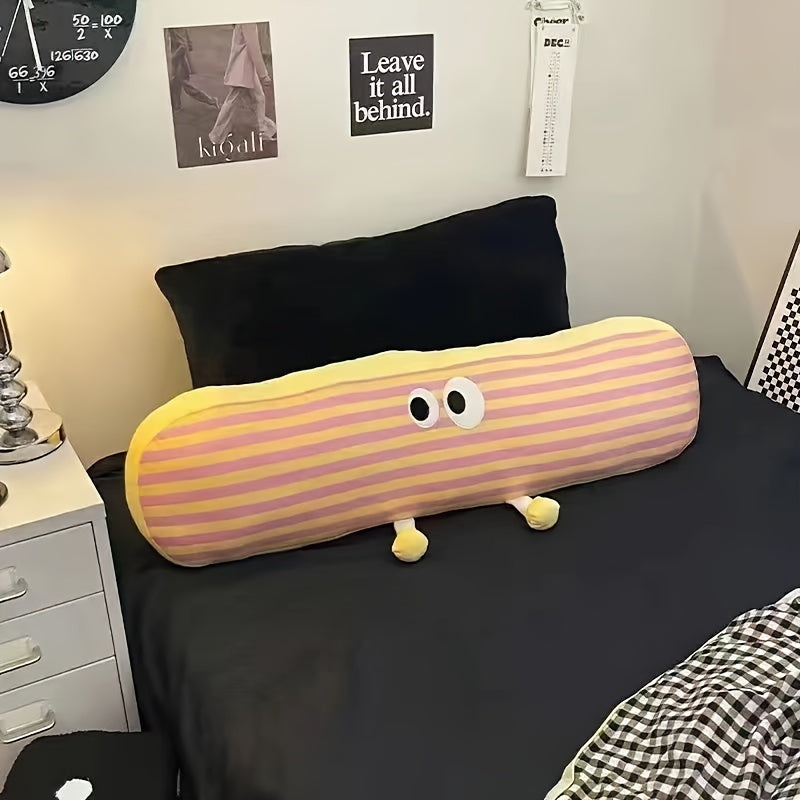 Cartoon Eyes Striped Long Throw Pillow, Casual Style, Removable Microfiber Cover with Cotton Filling, Multipurpose Side-Sleeper Support Cushion for Bedroom and Dorm Decor, Hand Wash, Zipper Closure, All-Season Use