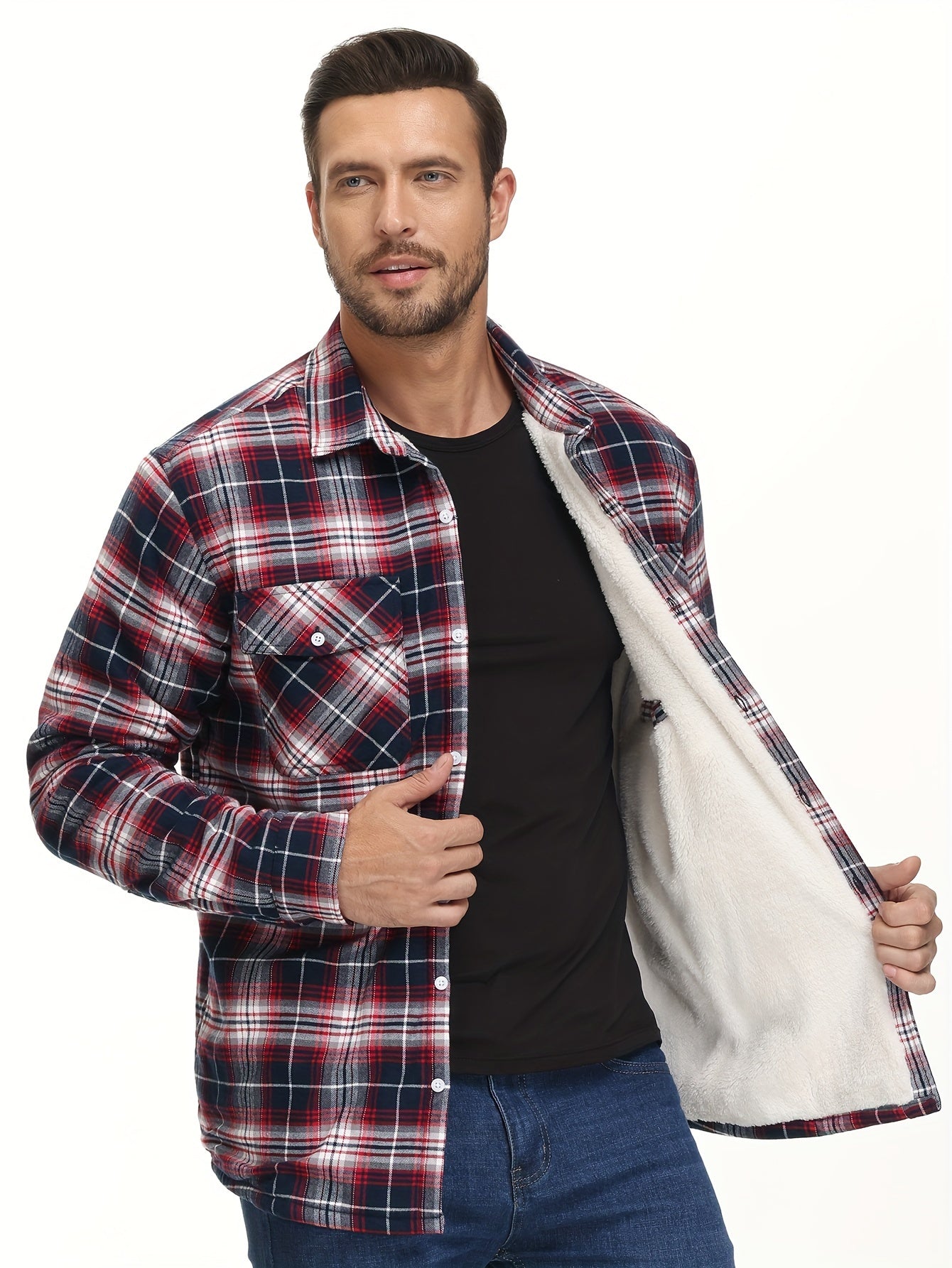 Big And Tall Men's Flannel Shirt Jacket Winter Turn-Down Collar Long Sleeve Fleece Lined Warm Classic Plaid Design 5 Pocket Shirt Jacket Button Front Adjustable Cuffs Soft Comfortable For Hiking Camping Fishing Dating Work Fleece Shirt Jacket