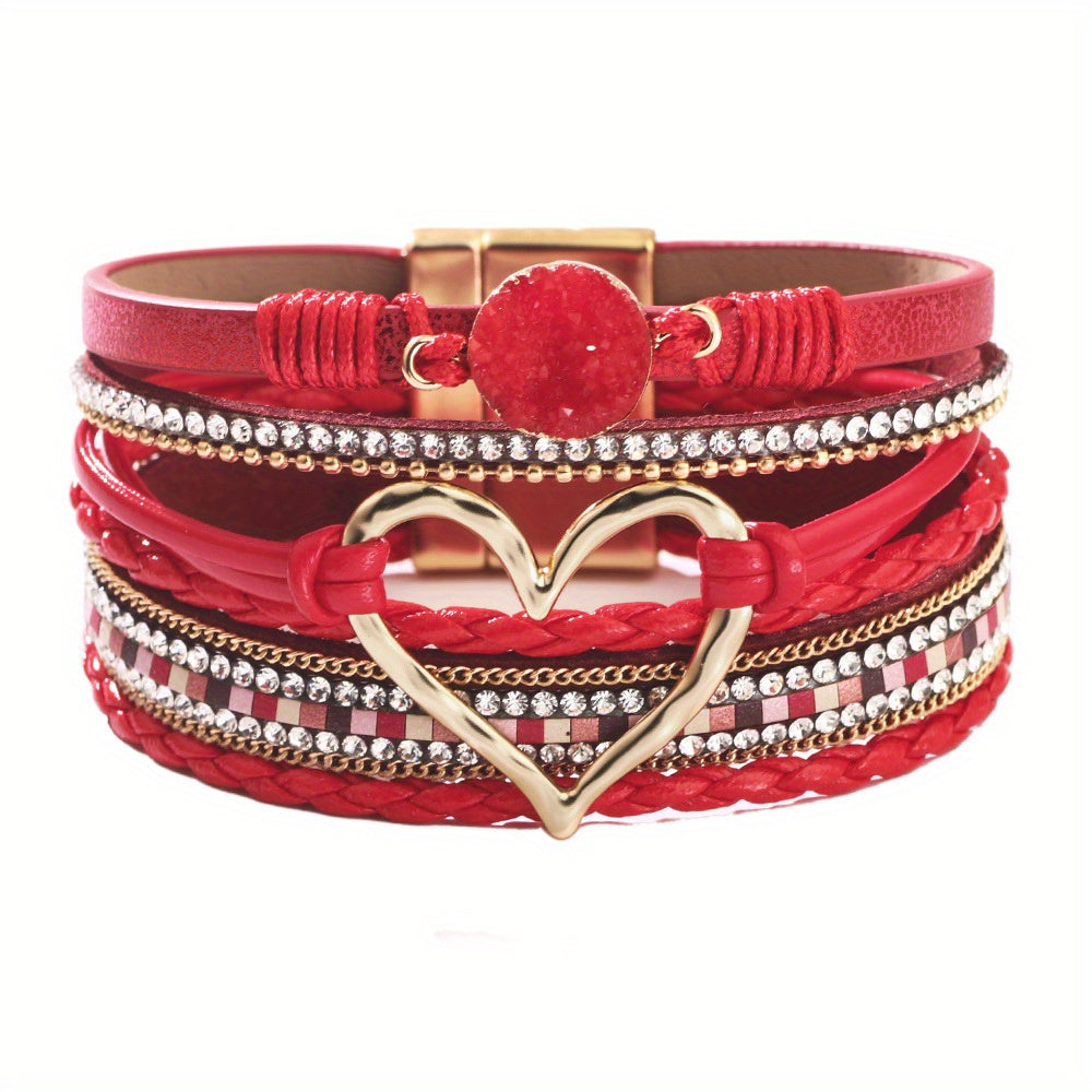 Trendy Bohemian Multilayer Bangle Bracelet - Handcrafted PU Leather with Golden Big Love Charm - Adjustable, Durable & Stylish - Perfect Boho Chic Accessory for Ladies