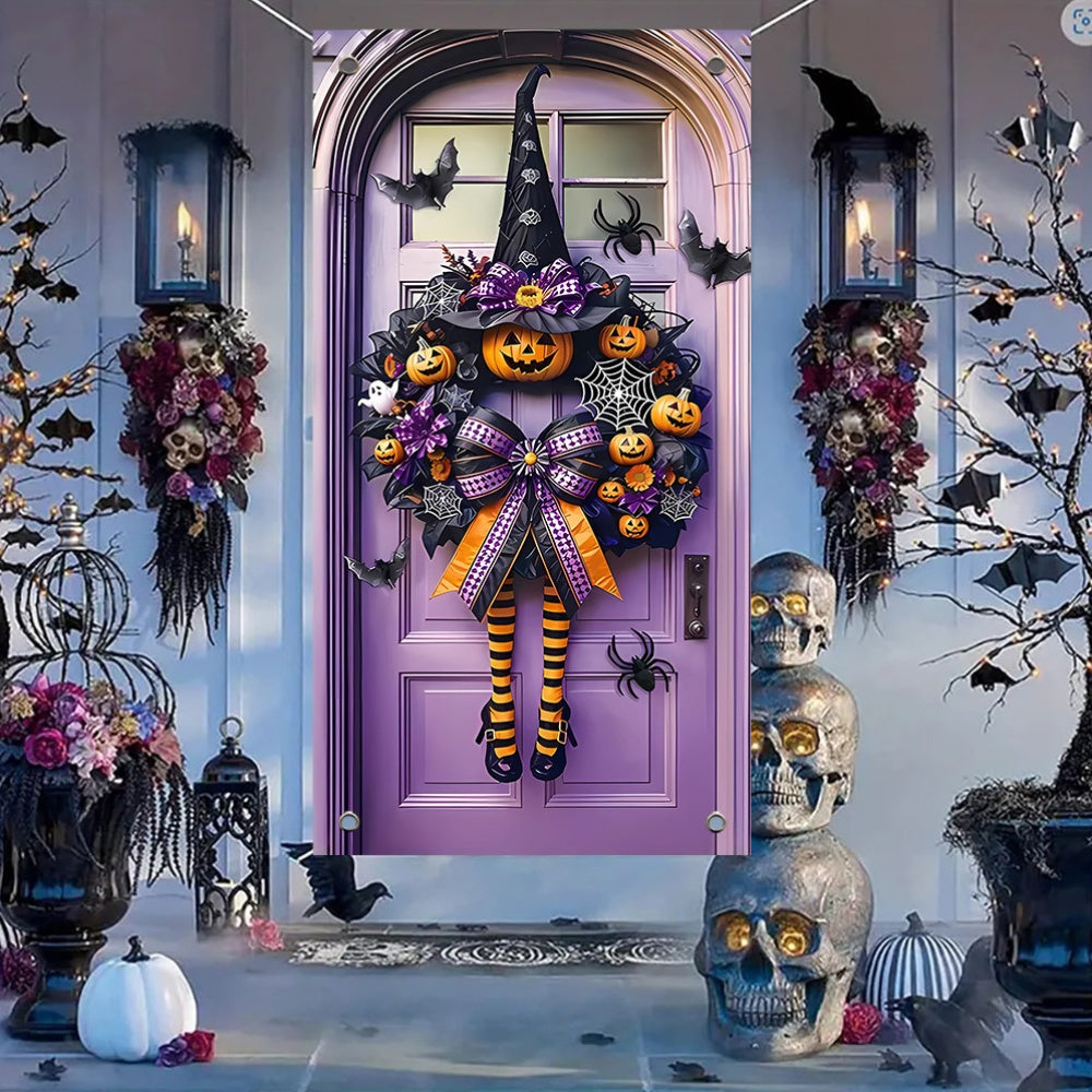 Contemporary Halloween Door Wreath - 1pc Polyester Fiber Wreath for New Year, Porch & Garden Party Decor - 35.4x70.9 Inches, No Electricity or Battery Needed