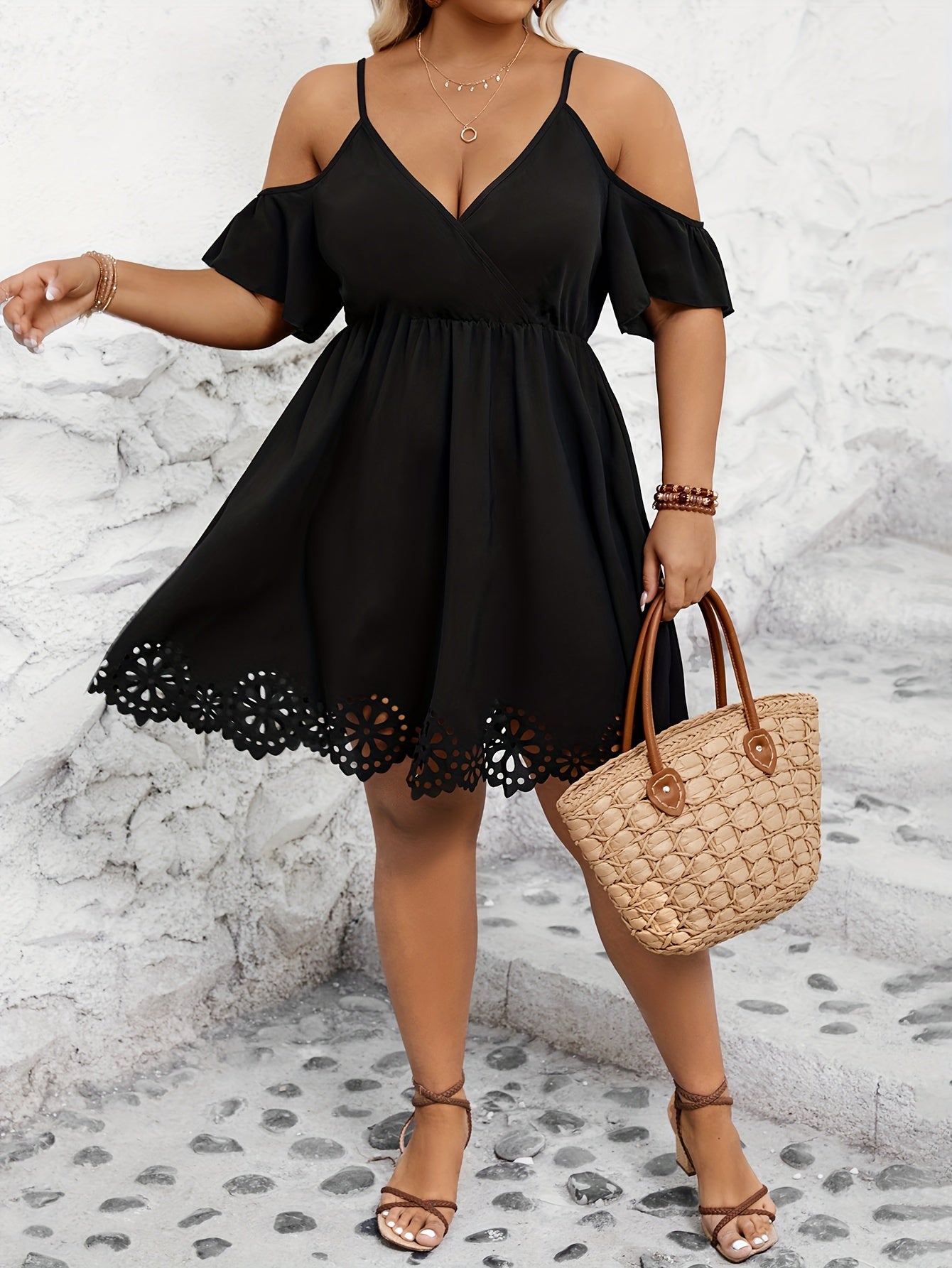 Plus Size Cutout Dress - Dramatic Cutout Trim, Cold Shoulder, Short Sleeve, Elegant Style - Perfect for Spring and Summer, Plus Size Womens Clothing