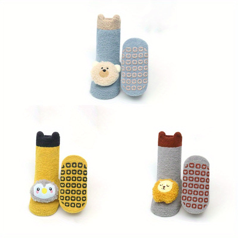 3 Pairs Of Baby Girl's Non Slip Floor Socks With Cute Decoration, Comfy Breathable Thermal Socks, Winter & Autumn