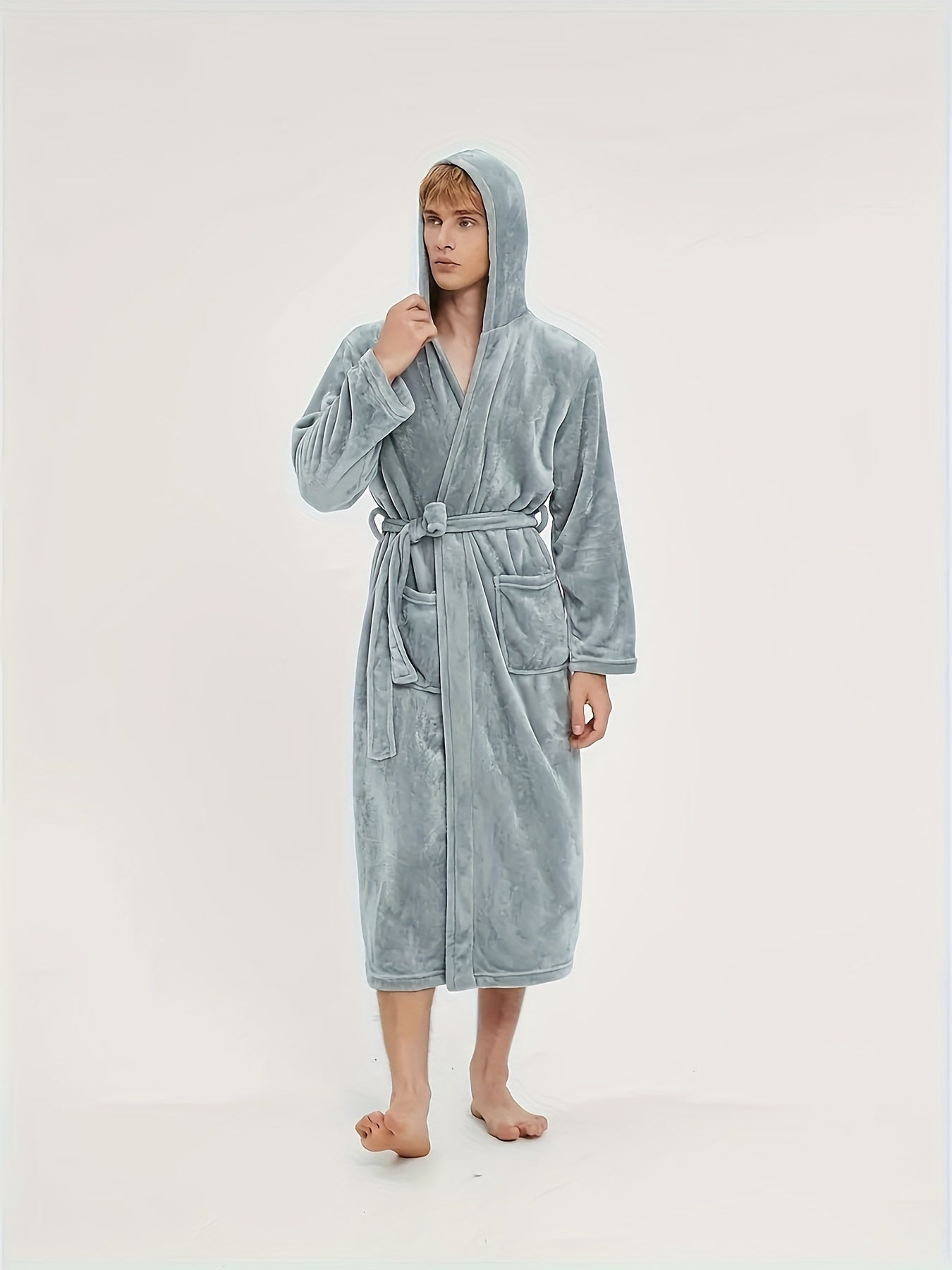 Men's Casual Nightgown, Soft And Comfortable Hooded Robes Full Length With Pockets, New , Plain Hooded Flannel