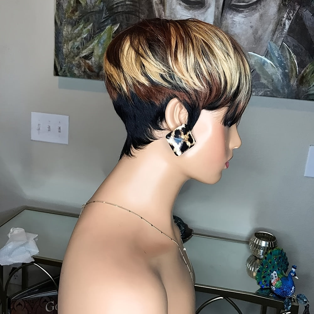 Pixie Cut Wig For Women Human Hair 1B/4/27 Short Wigs With Bangs Pixie HairCut Wig For Women Hair Replacement Wig None Lace Front Wig Layered Colored Full Machine Made Wig Glueless Short Wigs For Women 150%