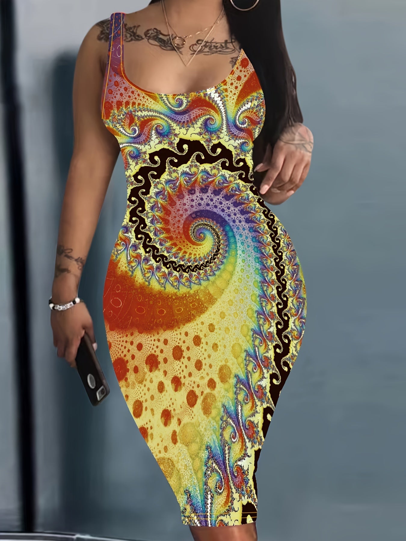 Flattering Abstract Print Sleeveless Tank Dress - Fashion-Forward Casual Style - Figure-Hugging Bodycon Fit - Perfect for Spring & Summer - Comfortable Crew Neckline - Womens Wardrobe Essential