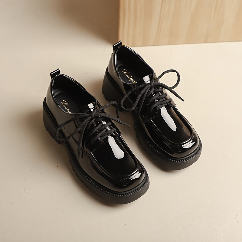 Stylish Womens Square Toe Platform Oxfords - Non Slip Rubber Soles, All-Match Black Lace Up Shoes with Man Made Materials and Comfortable Insoles for Spring Season