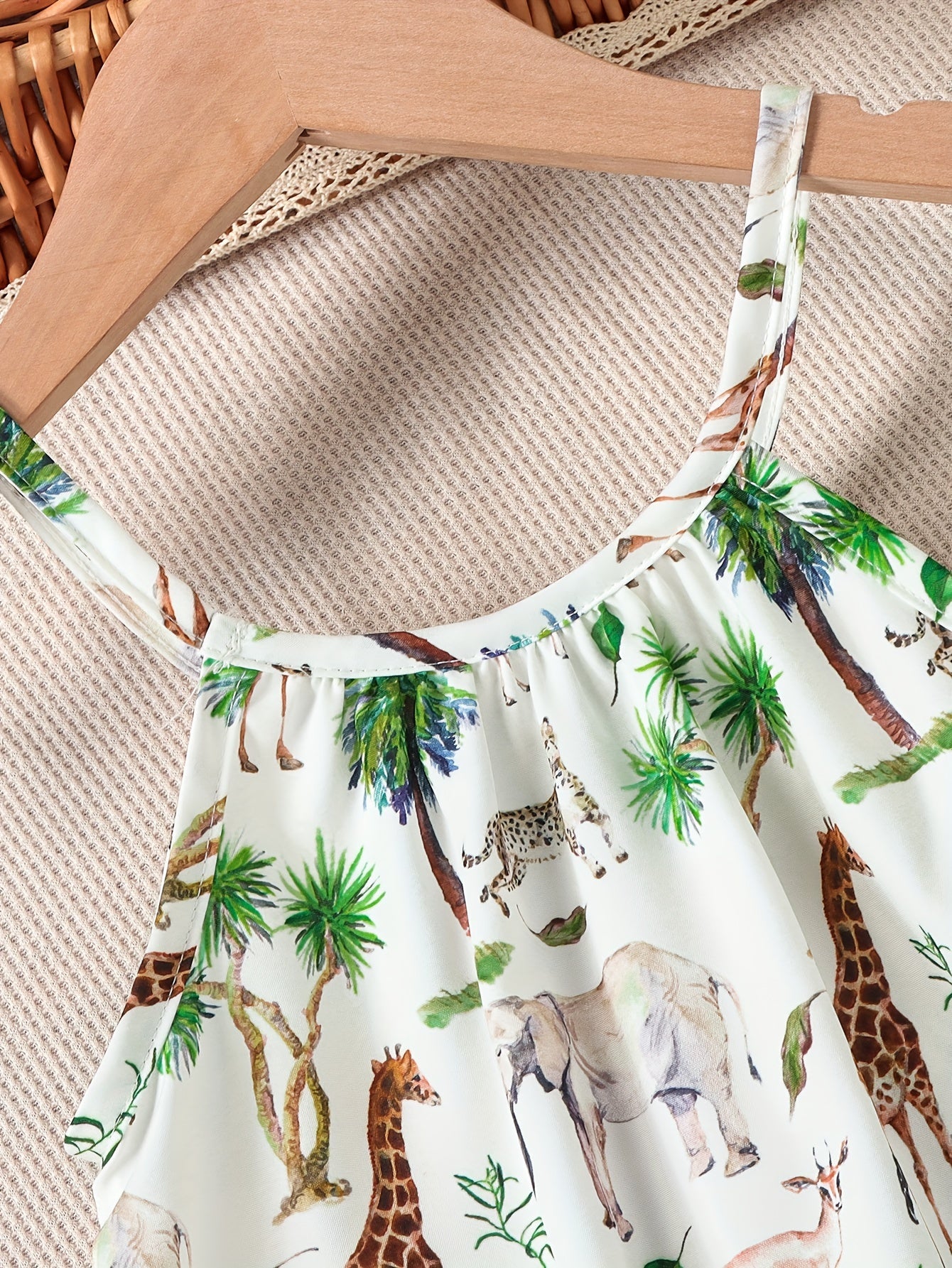 Girls' Summer Playful Cartoon Animal Cami Dress - Ruffle Hem Detail, Perfect for Holiday & Outdoor Adventures