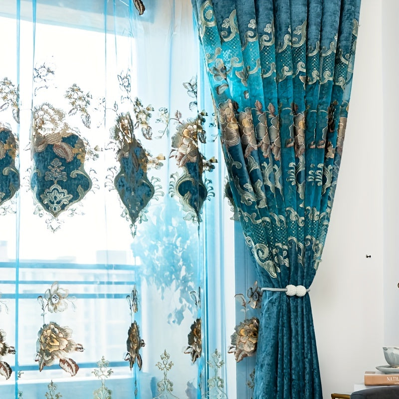 1pc Chenille Hollow Embroidery Curtain, Sunshade Living Room Dining Room Bedroom Blue Curtain, Window Treatment Home Decor