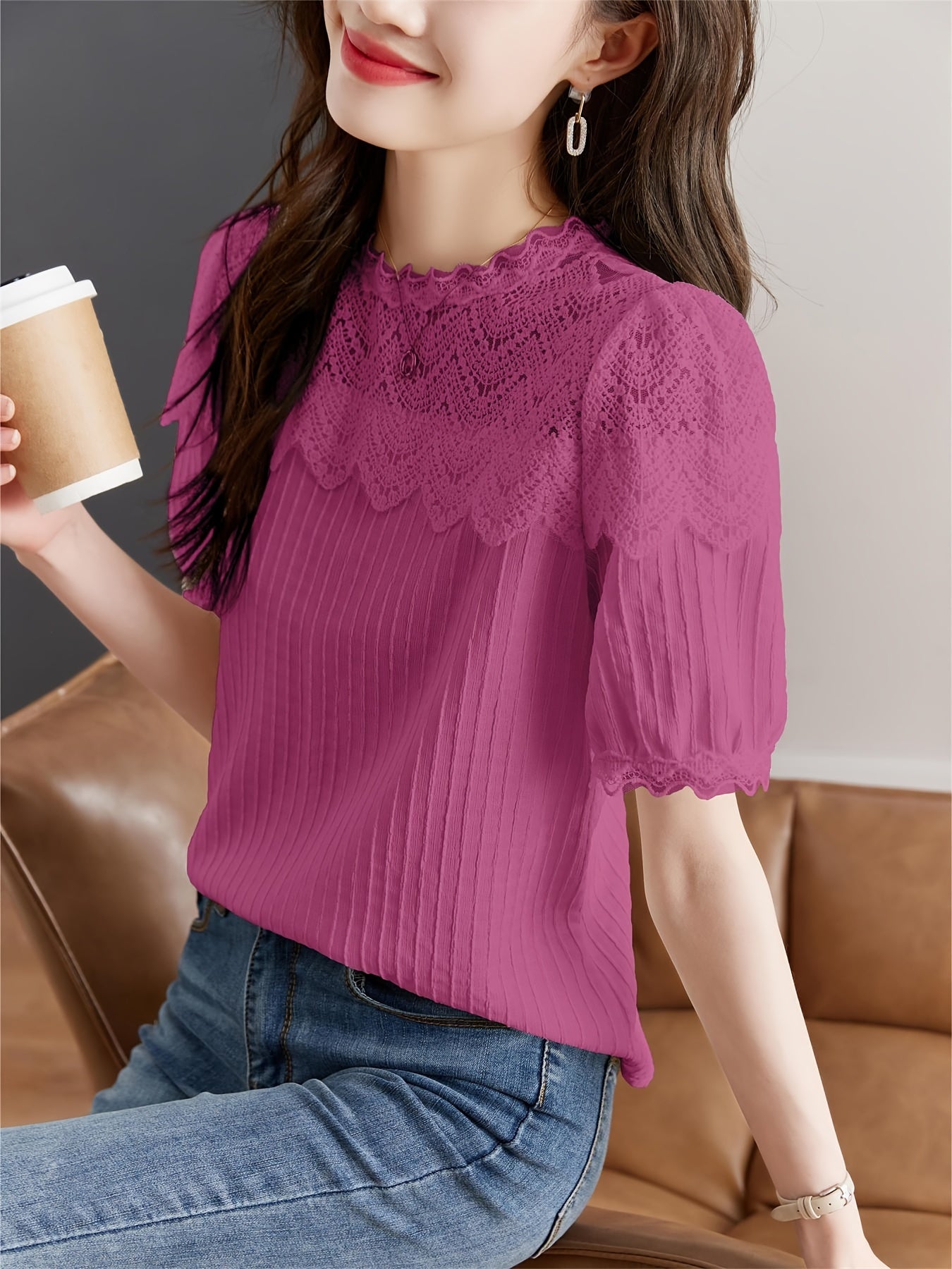 Charming Solid Lace Blouse with Stitching Detail - Soft Textured Short Sleeve Top for Spring & Summer Elegance - Womens Casual Fashion