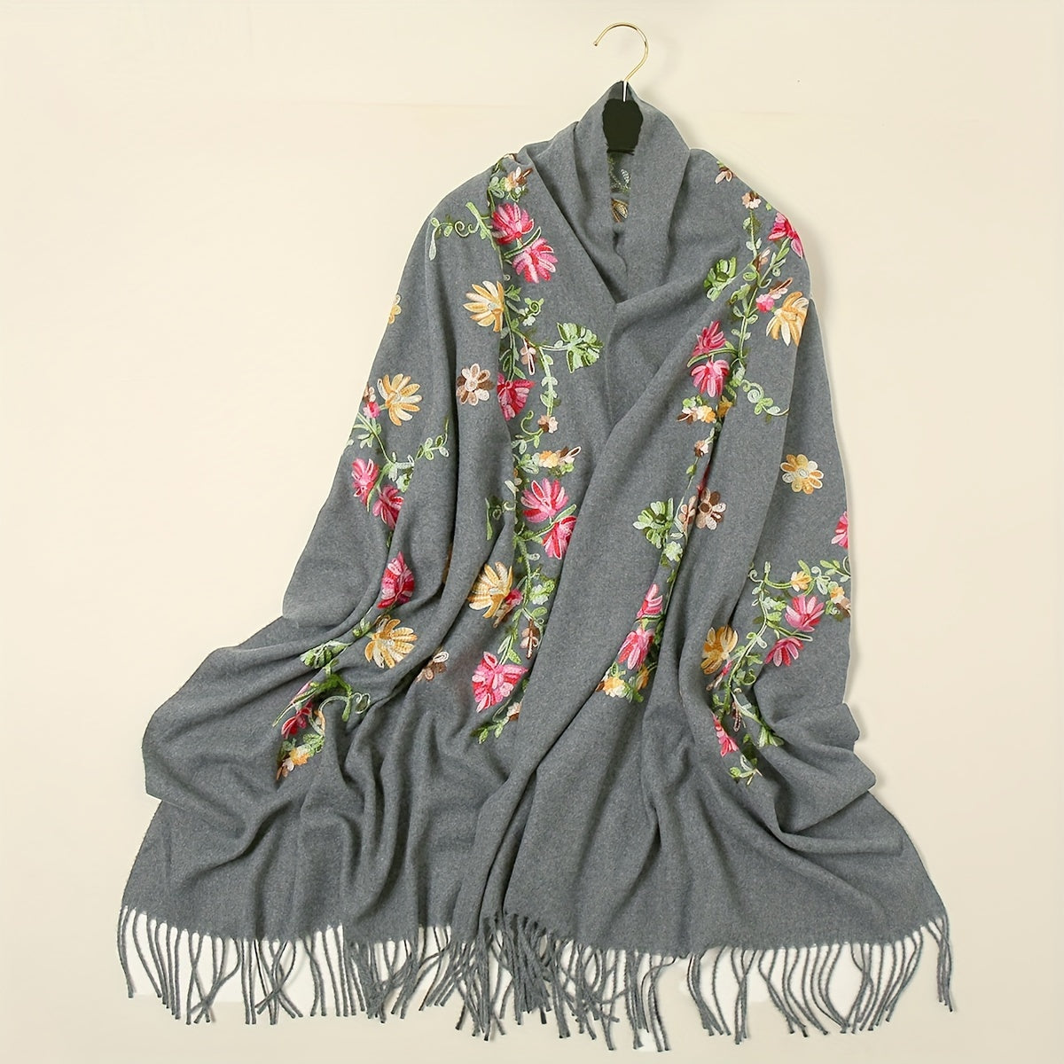 Embroidered National Style Scarf - Soft, Warm, Windproof, and Elegant Wrap for Going Out - Polyester Imitation Cashmere with Tassel and Flower Pattern
