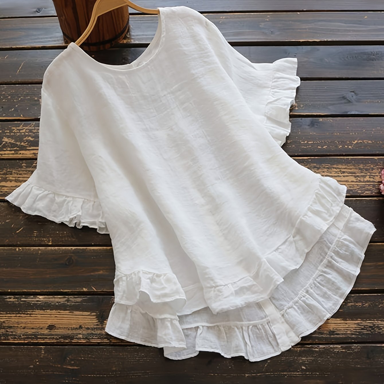 ZllKl Solid Button Back Ruffled Trim Blouse, Casual Short Sleeve Blouse For Spring & Summer, Women's Clothing