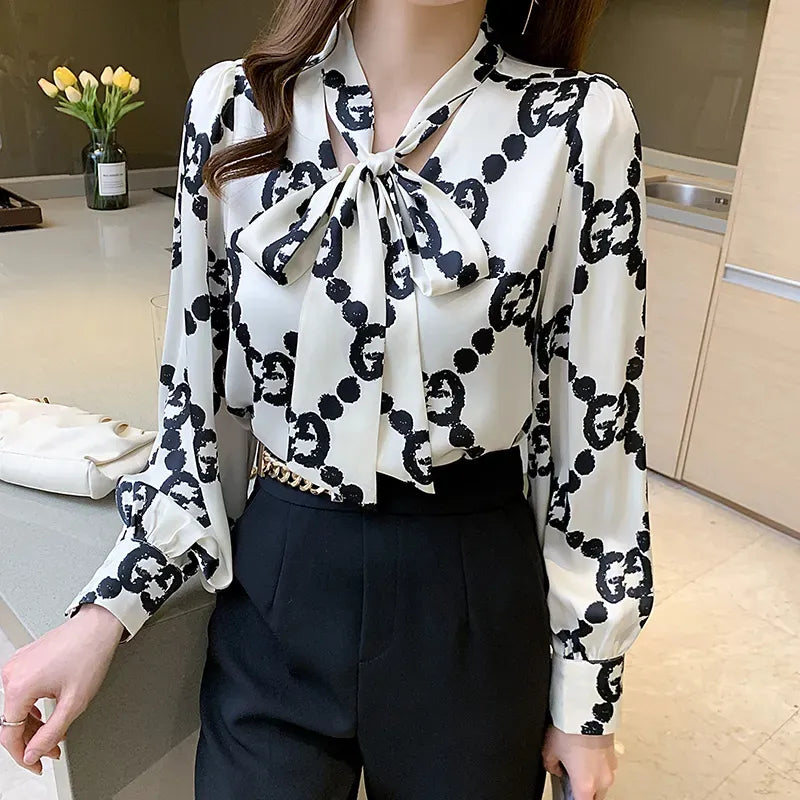 Luxury Designer Print Classic Satin Shirt Plus Size Women Fashion Long Sleeve Button Front Shirts Spring Autumn Ladies Runway Lapel Blouse Elegant Silk Tops