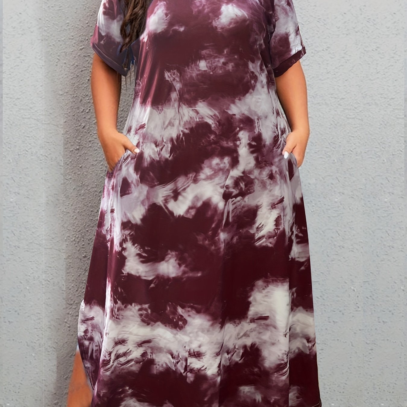 Plus Size V-Neck Tie Dye Print Curved Hem Long Length Dress - Soft Medium Stretch Polyester, Loose Fit, Short Sleeve, Pocket, Pullover, Random Printing - Perfect for Weekend Casual Spring, Summer, and Fall Occasions