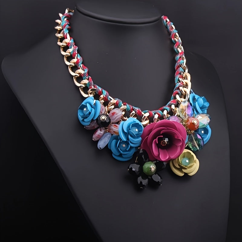 1pc Women's Bohemian Retro Style Colorful Floral Gem Necklace, Rope Braided Collarbone Chain, Trendy Accessory For Ladies Spring And Summer
