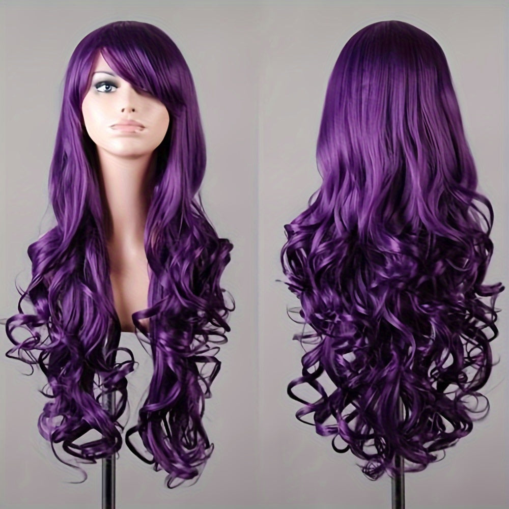 Vibrant Curly Wave Wig with Bangs - Synthetic Hair, Buckle Net Cap, Elegant Style for Women - Perfect for Halloween Party, Music Festival, and Costume Occasions