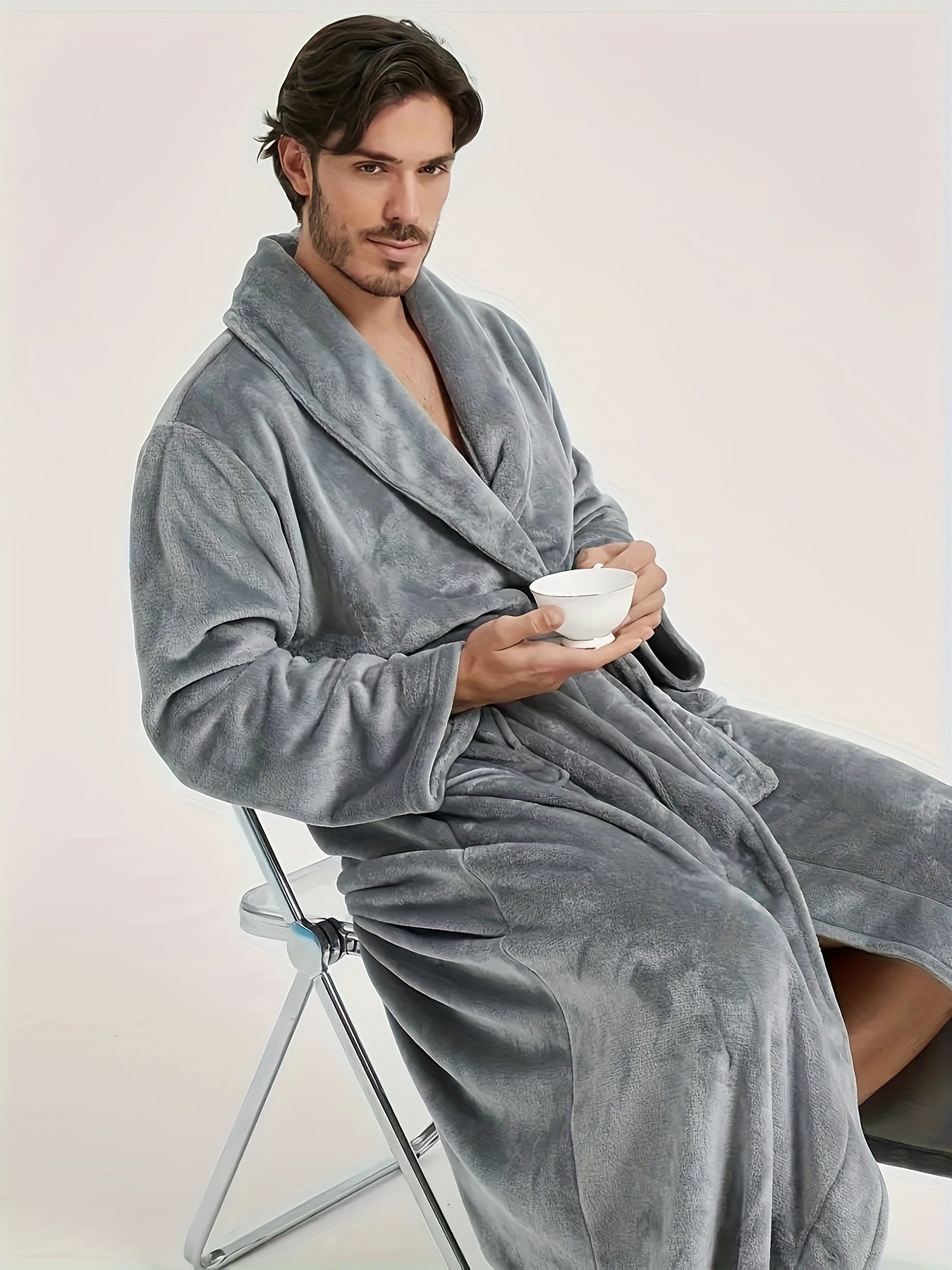 Super- Stylish Men's Flannel V-neck Loose Robe, Soft Fleece Elegant Long Sleeve Lounge Wear, For Autumn/Winter