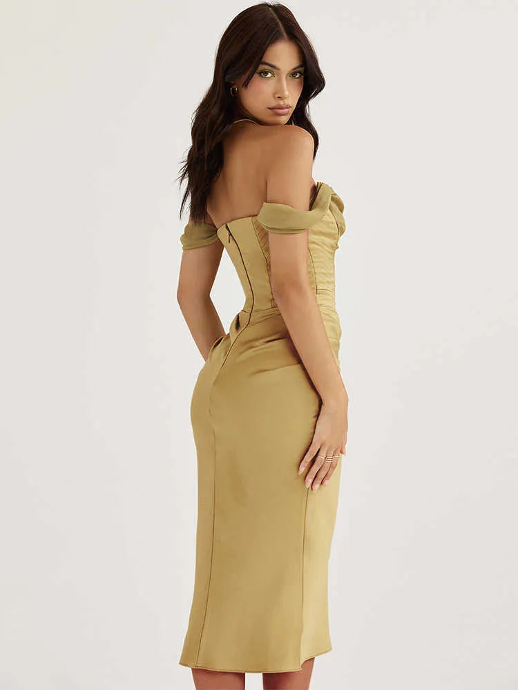 Offer Shoulder Elegant Draped Neck Satin Midi Dress Prom Cocktail Party Dresses For Women Wedding Guest Vestidos