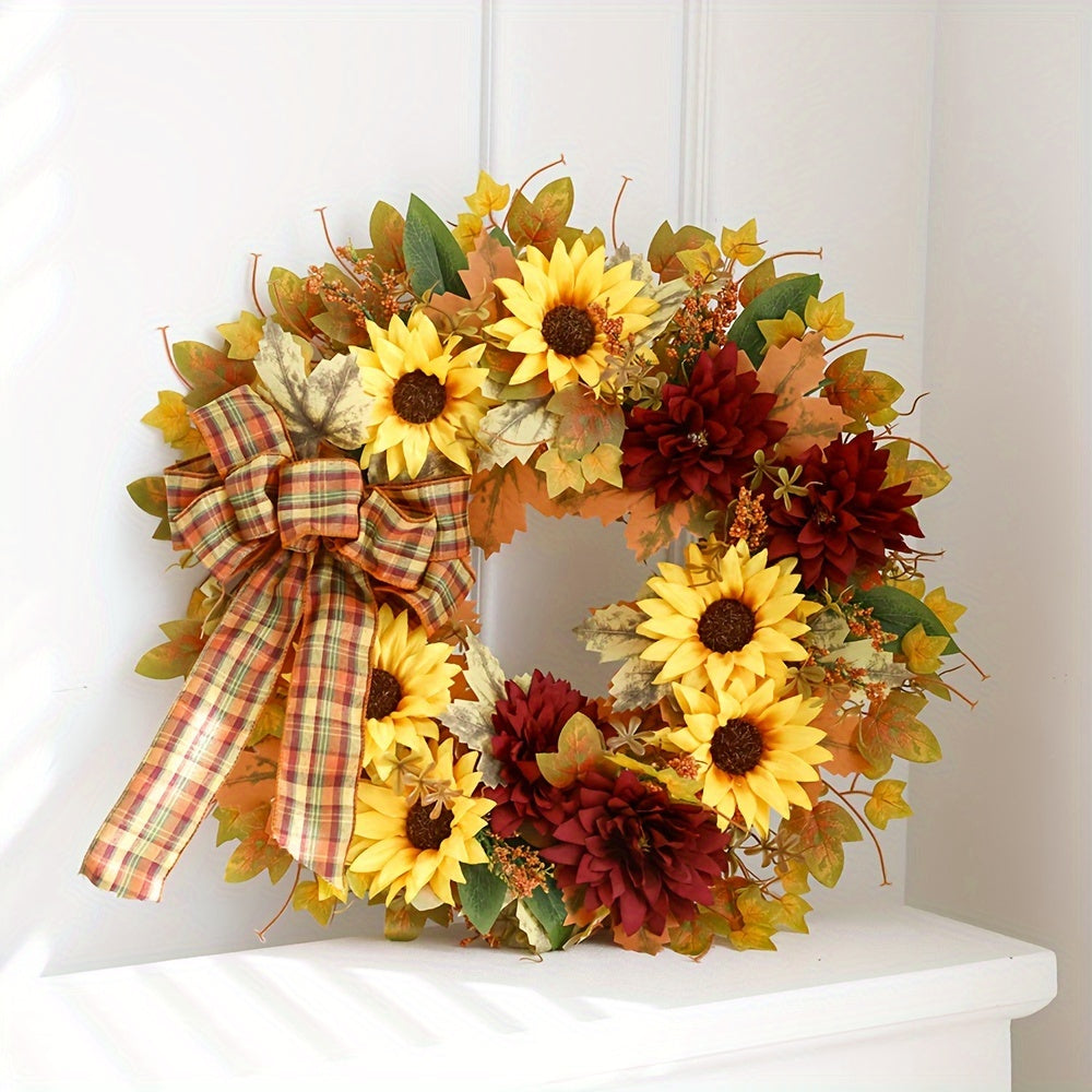 Vibrant Autumn Harvest Wreath - Classic Sunflower and Leaf Decor for Front Door, Battery-Free, No Feathers, Seasonal Home Decoration, Easy to Assemble, Perfect for Fall and Thanksgiving Celebration