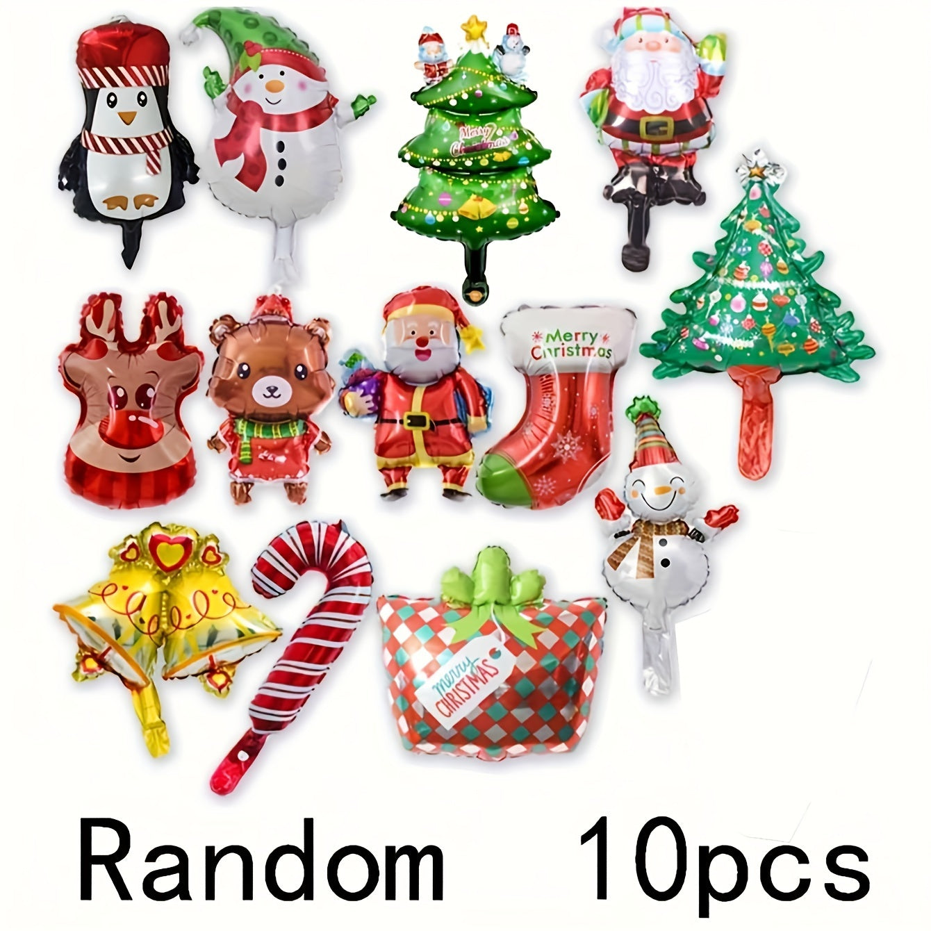 10pcs Mini Christmas Cartoon Cute Balloons, Assorted Colors, Aluminum Foil Balloon Decorations for Party & Gathering, Festive Holiday Decoration Props, No Power Needed, Christmas Party Supplies