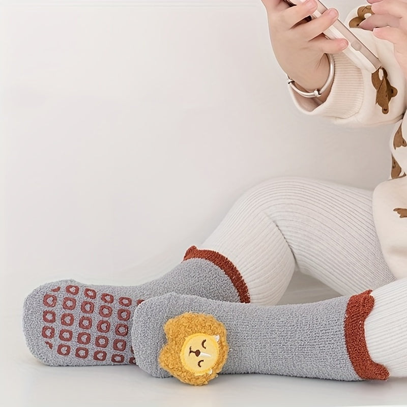 3 Pairs Of Baby Girl's Non Slip Floor Socks With Cute Decoration, Comfy Breathable Thermal Socks, Winter & Autumn
