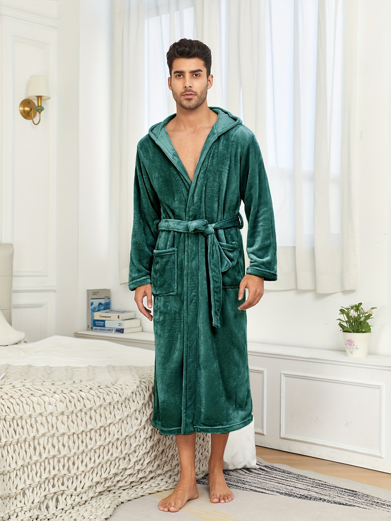 Mens Premium Flannel Bathrobe - Super Cozy Winter Wear, Hooded, Solid Color, Soft Fleece Lining, Double Pockets for Lounging Comfort