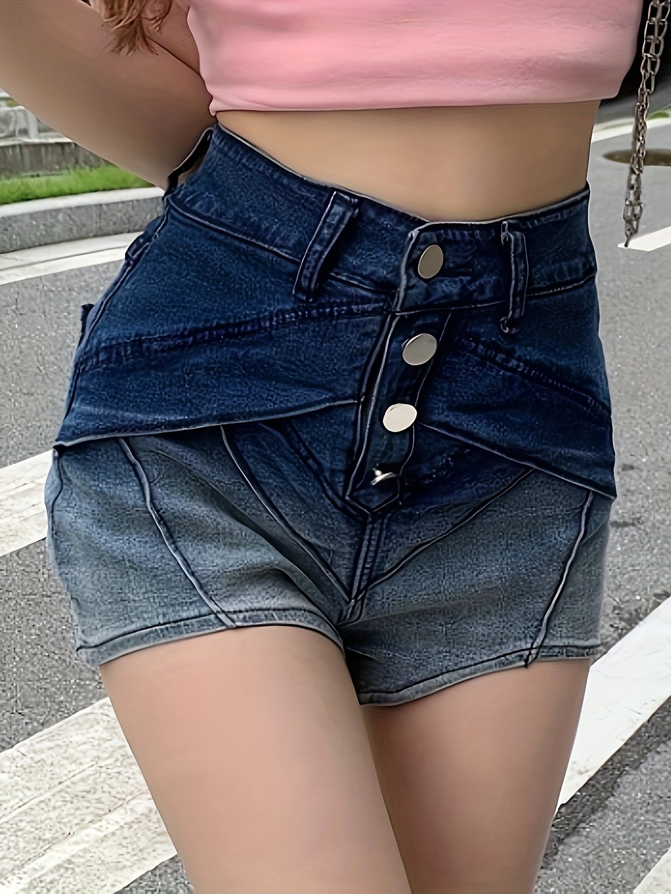 ZllKl Women's Gradient Ombre Color Denim Shorts, Casual, High-Waisted, Single-breasted Button Design, Fashion Streetwear Hot Pants, Summer Jean Shorts