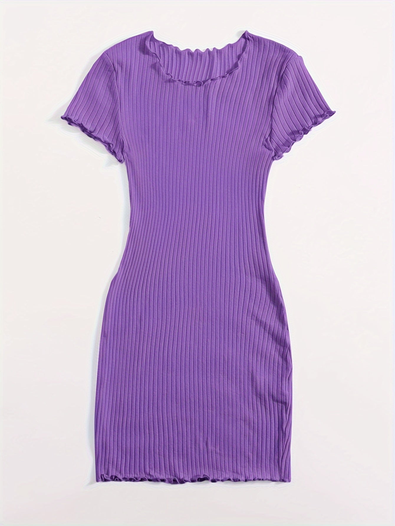 Chic Solid Color Lettuce Hem Dress - Flattering Slim Fit, Versatile Crew Neck, Short Sleeve for Spring & Summer - Womens Casual Fashion