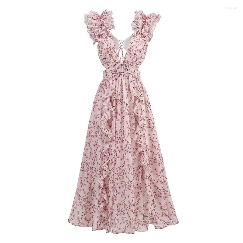 Casual Dresses Women Summer Floral Holiday Dress Elegant Sleeveless V Neck Cut Out Appliques Long High Street Going Party