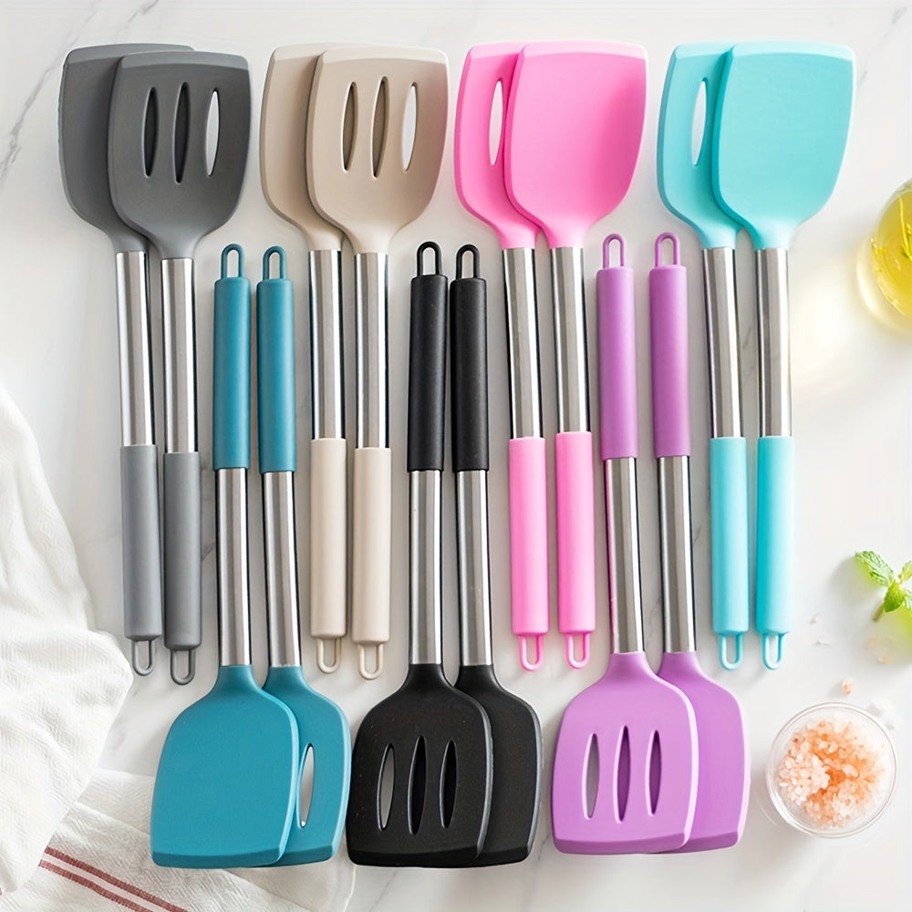 2pcs, Turner, Silicone Solid Spatula, Silicone Slotted Turner, Cooking Spatula, Non-Stick Cooking Turner, Pancakes Frying Pan Shovel, Cooking Utensils, Kitchen Utensils, Apartment Essentials, College Dorm Essentials, Tools