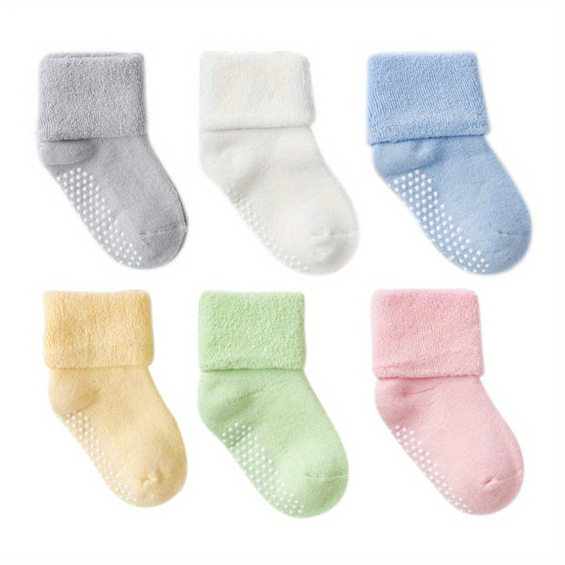 6pairs Boys Girls Kids Thickened Warm Socks, Anti-skid Socks, Casual Plain Color Socks, Toddlers Children's Trendy Socks