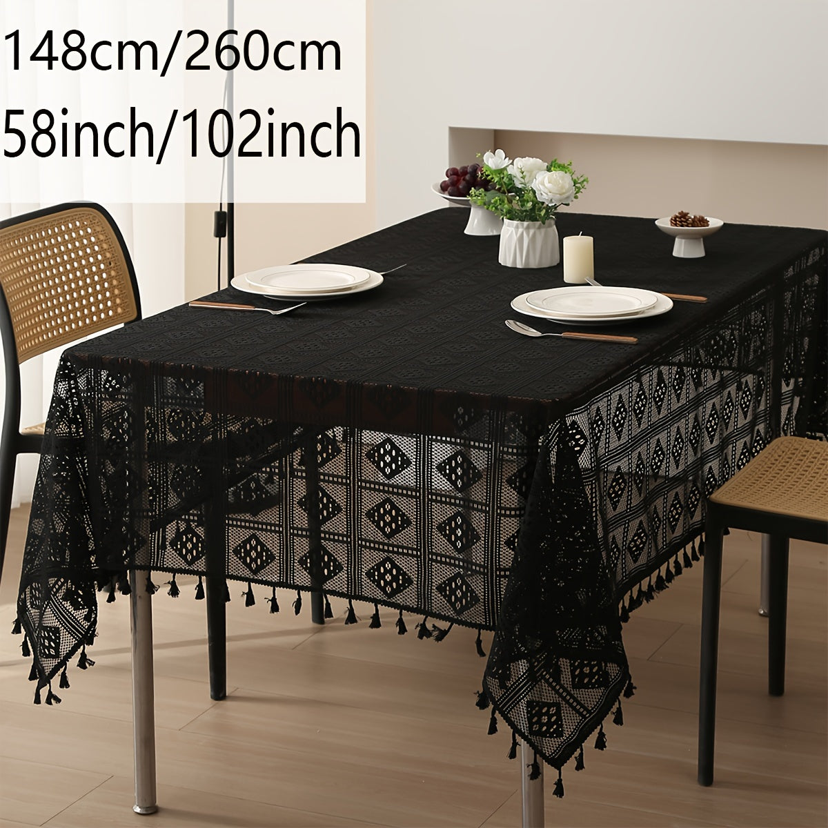 1pc Beige Linen Cotton Blend Crochet Tablecloth with Tassel - Tablecloths - Rustic American Pastoral Style Decor for Picnic, Holiday Party, and Home - Easy Care and Durable