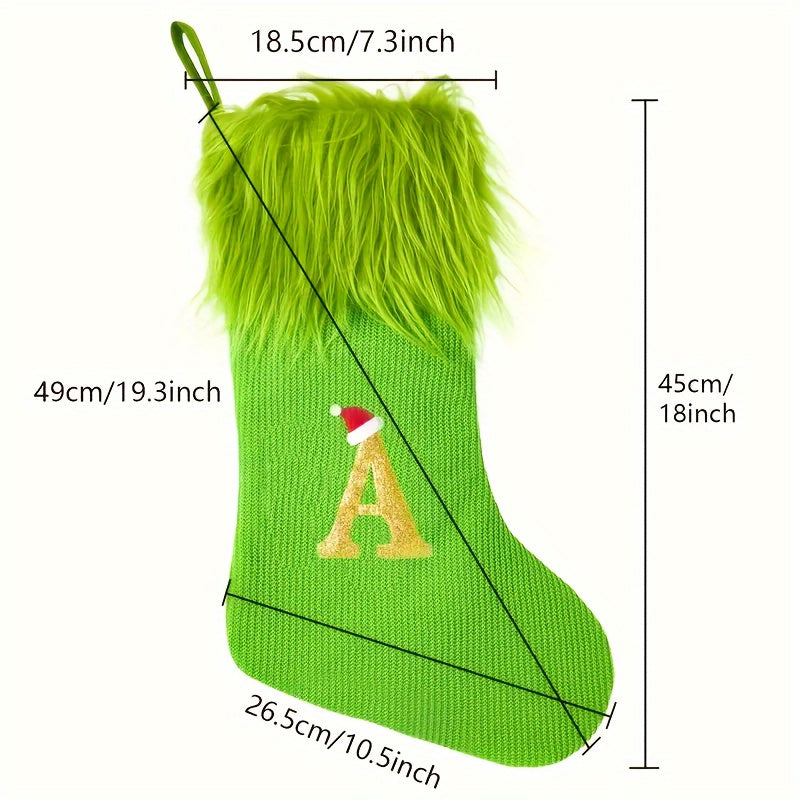 Green Faux Fur Christmas Stockings with Embroidered Letters, 18-inch Festive Holiday Decor, for Home & Party, Polyester, Christmas Decor
