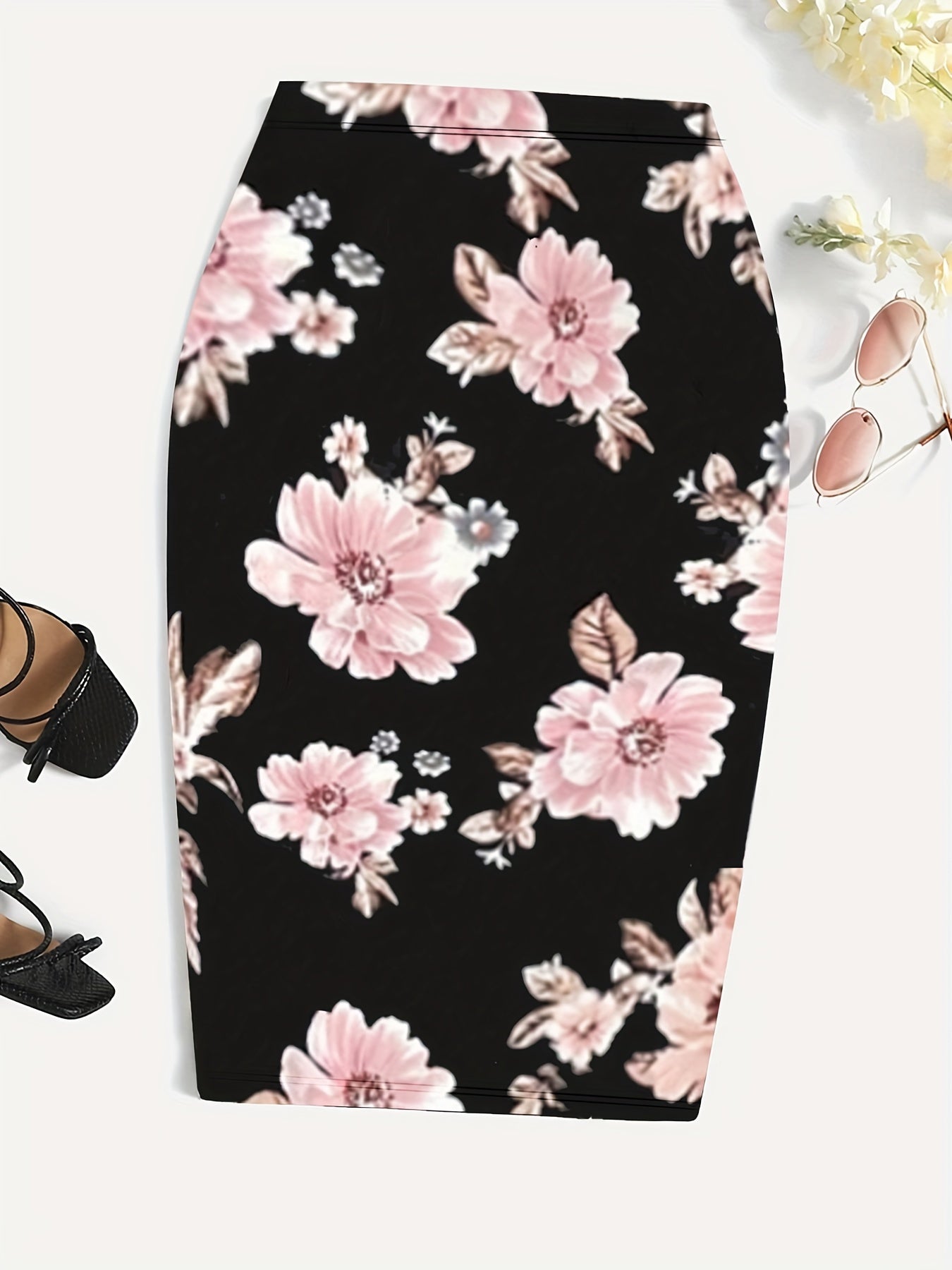Floral Print High Waist Skirt, Casual Slim Midi Skirt, Women's Clothing