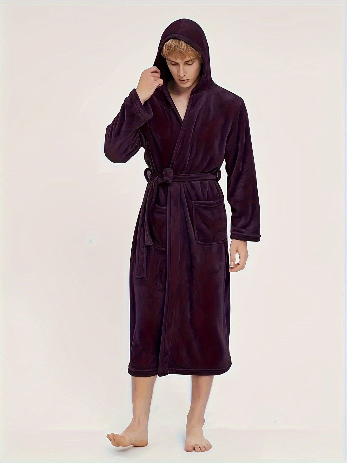 Men's Casual Nightgown, Soft And Comfortable Hooded Robes Full Length With Pockets, New , Plain Hooded Flannel