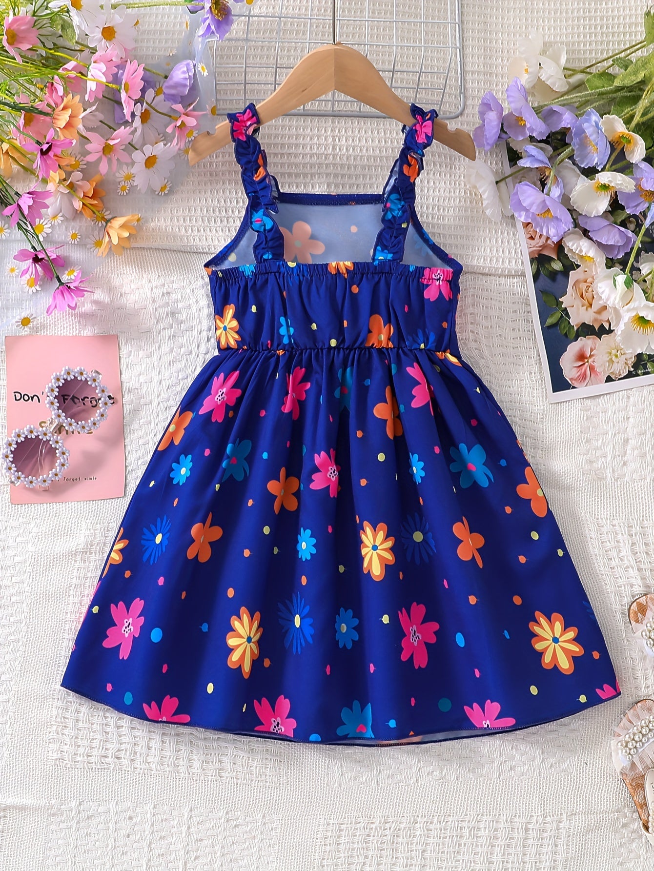 Chic Summer Floral Girls' Dress - Comfortable, Woven Fabric with Ruffle Detail & Playful Suspender Straps