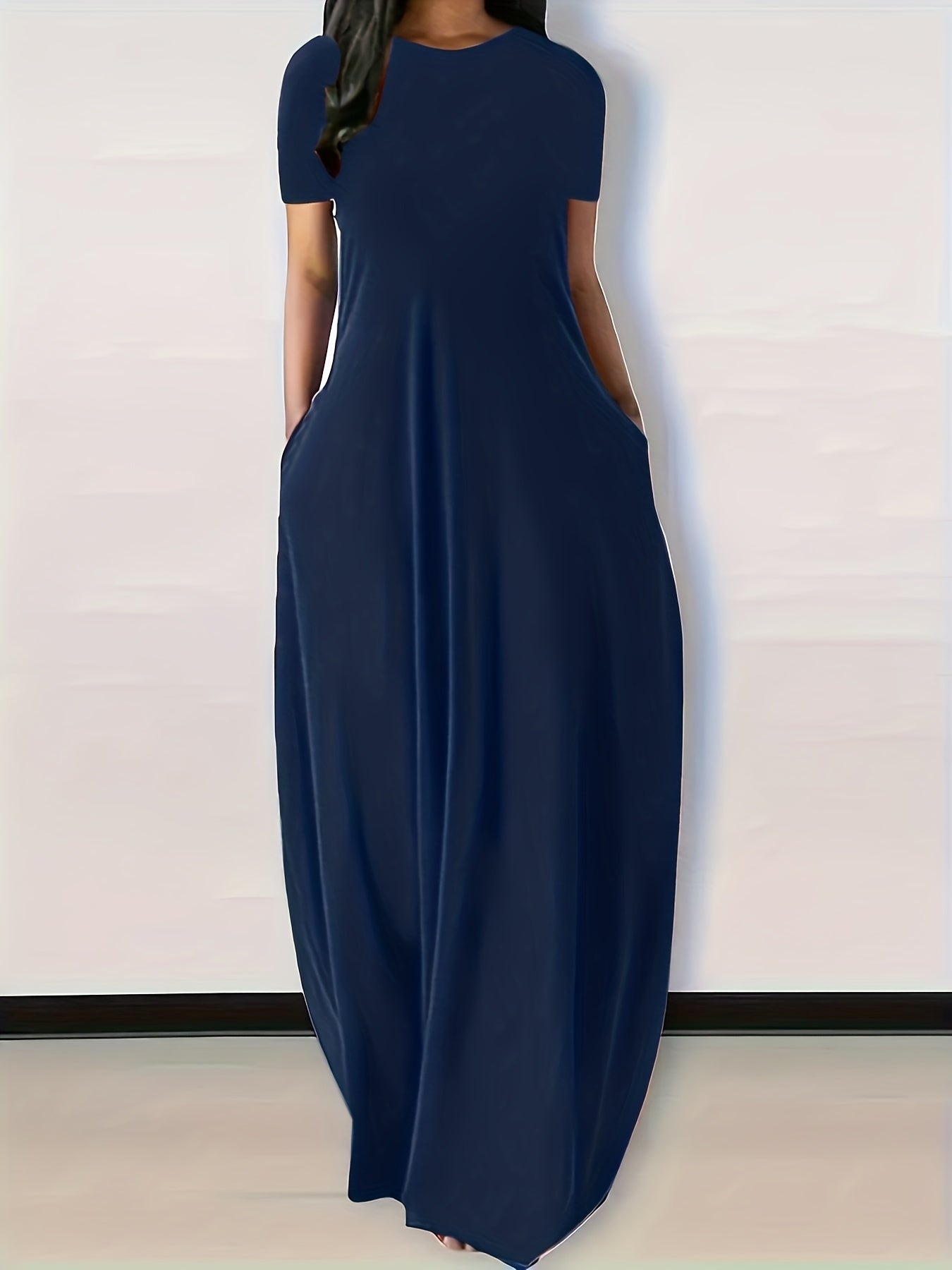 Plus Size Womens Casual Maxi Dress - Flattering Solid Color, Comfortable Round Neck, Flowy Loose Fit with Handy Pockets, Short Sleeves