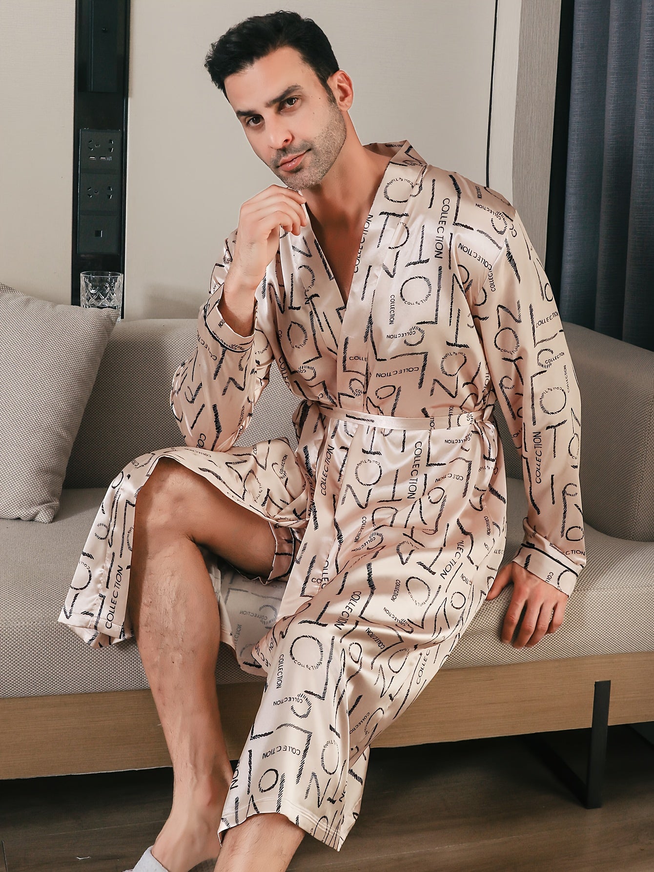 Mens Ultra-Soft Comfy Robe - Stylish Letter Pattern Design, Convenient Side Pocket, Adjustable Lace-Up Closure, Classic One-Piece Design - Ideal for Lounging Around the House in Comfort at Night