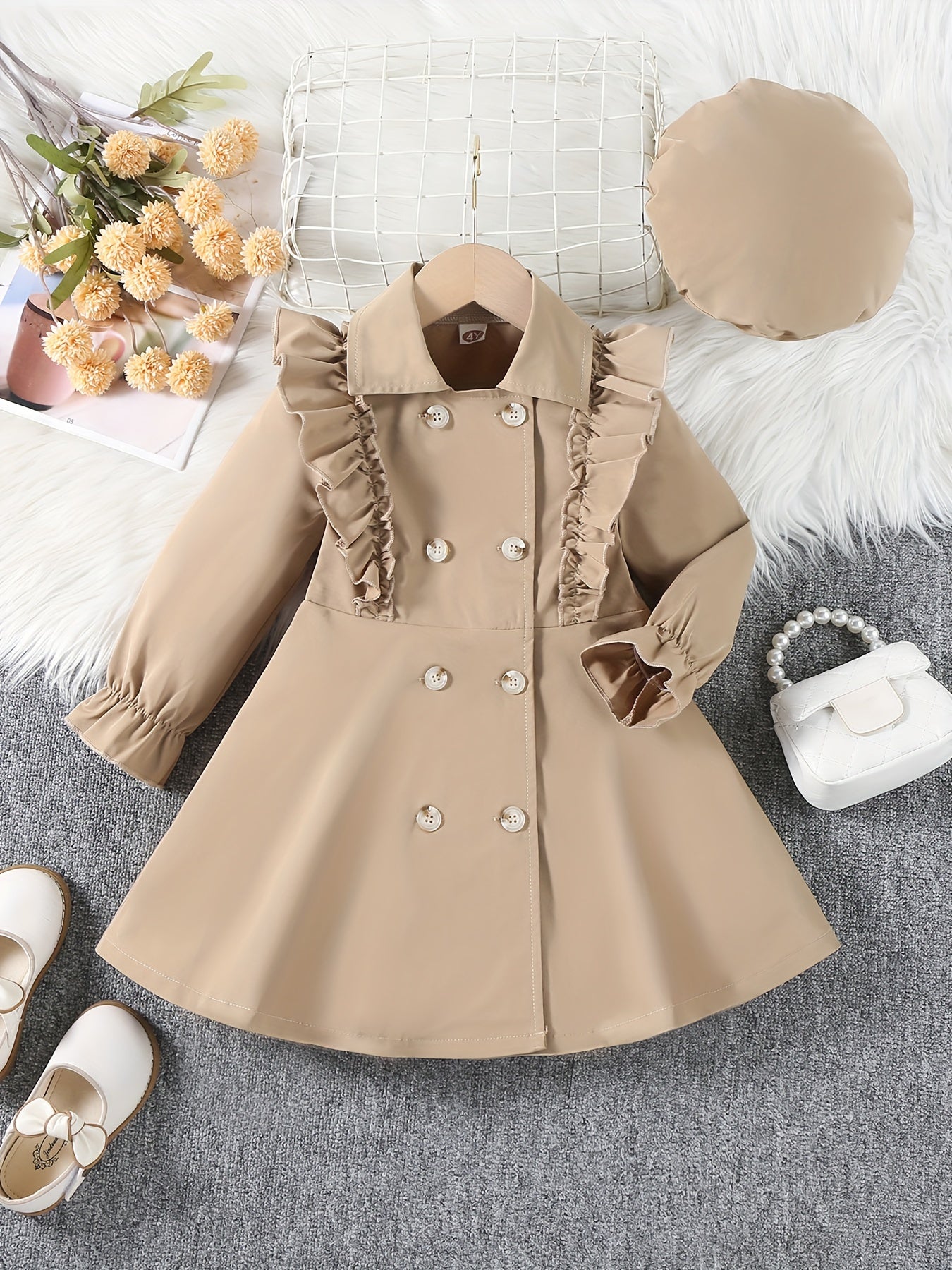 Elegant Flutter Trim Long Sleeve Windbreaker Dress With Beret For Toddler Girls Spring Fall Christmas Gift