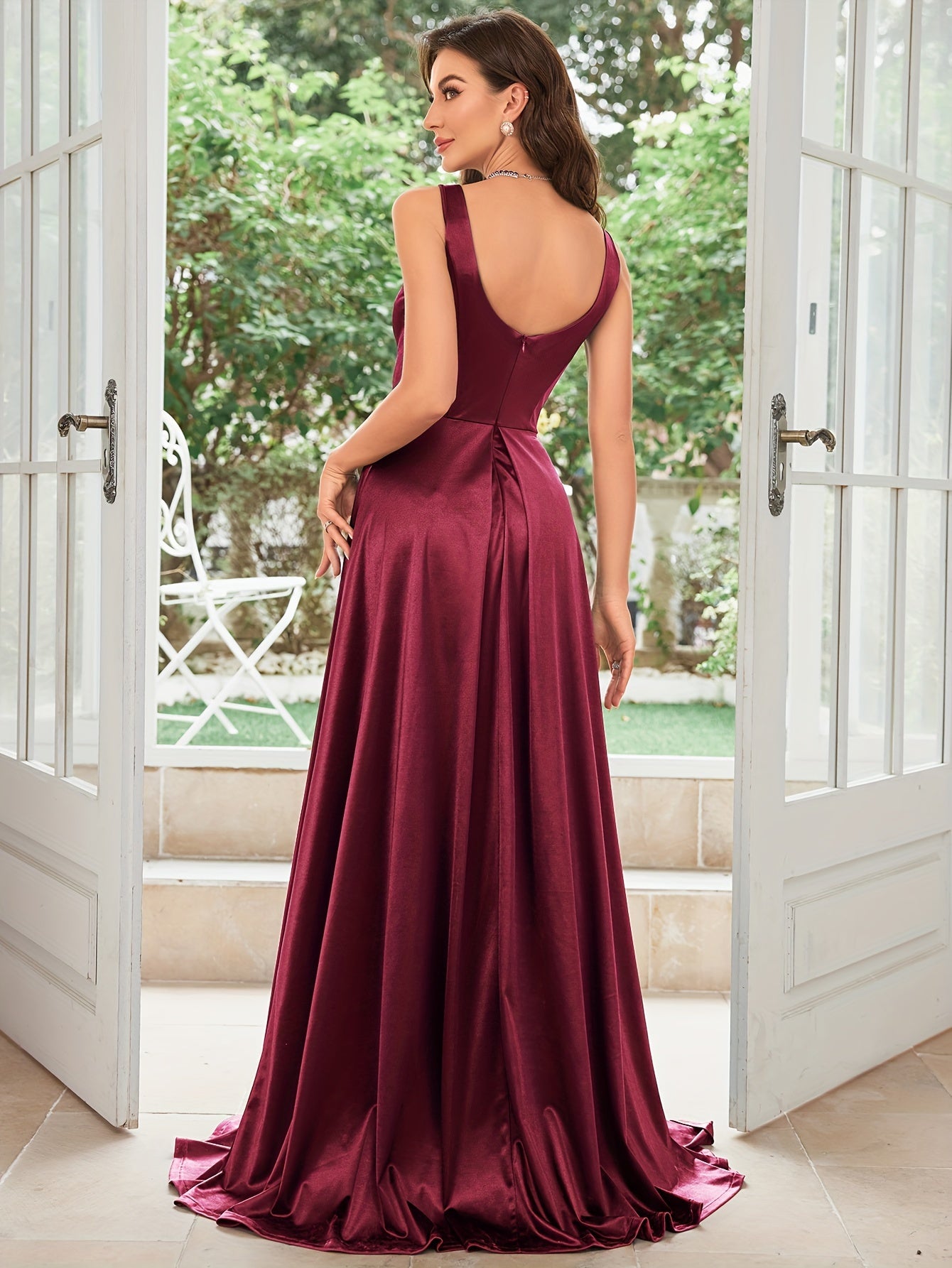Extra-Long Sleeveless Fit and Flare Satin Dress - Elegant Deep V Neck, Split Details, Micro Elasticity, Flared Hem - Perfect for Wedding, Evening, Occasion, Engagement, Ceremony